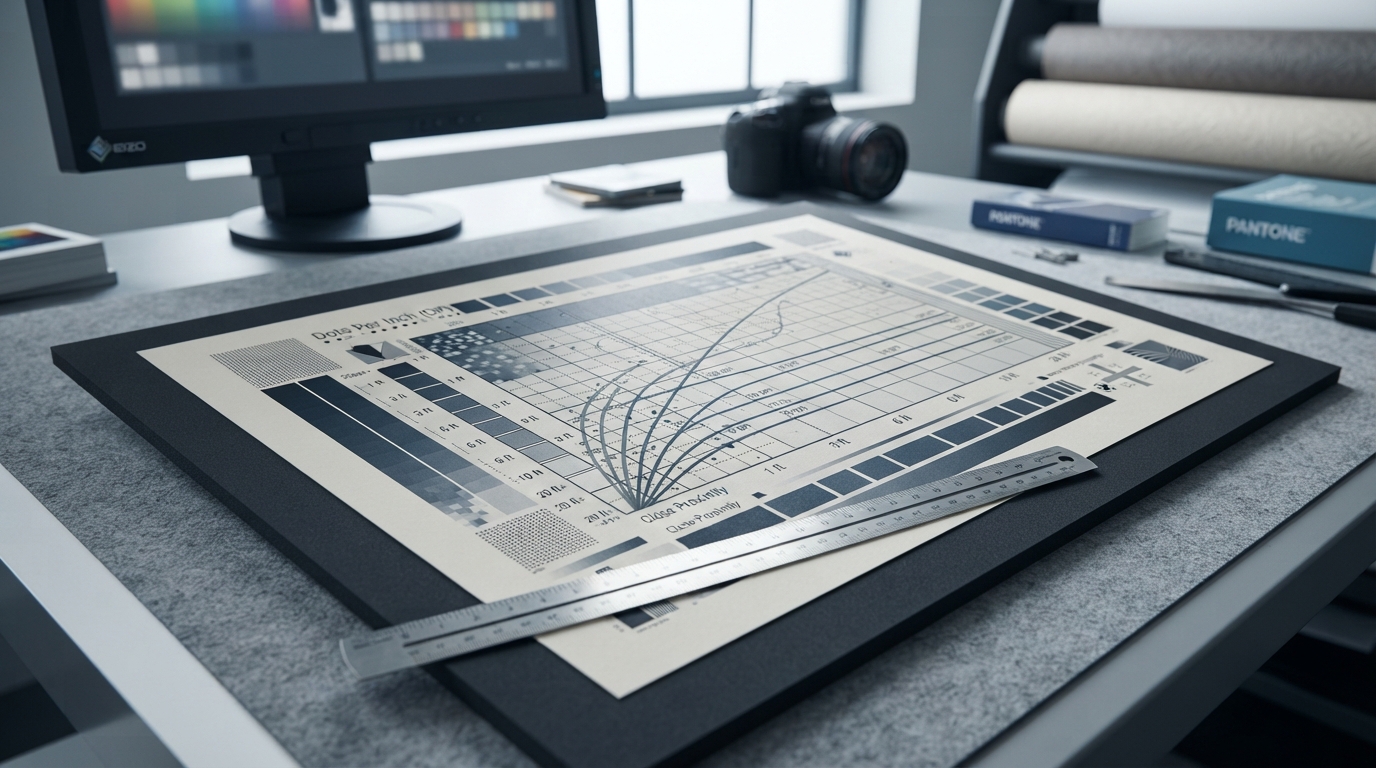Large-format print resolution chart on a professional designer desk