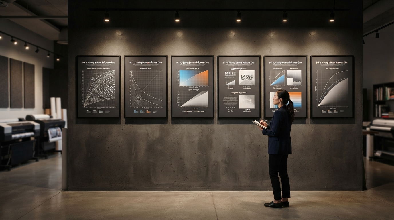 Large-format print samples arranged for resolution comparison