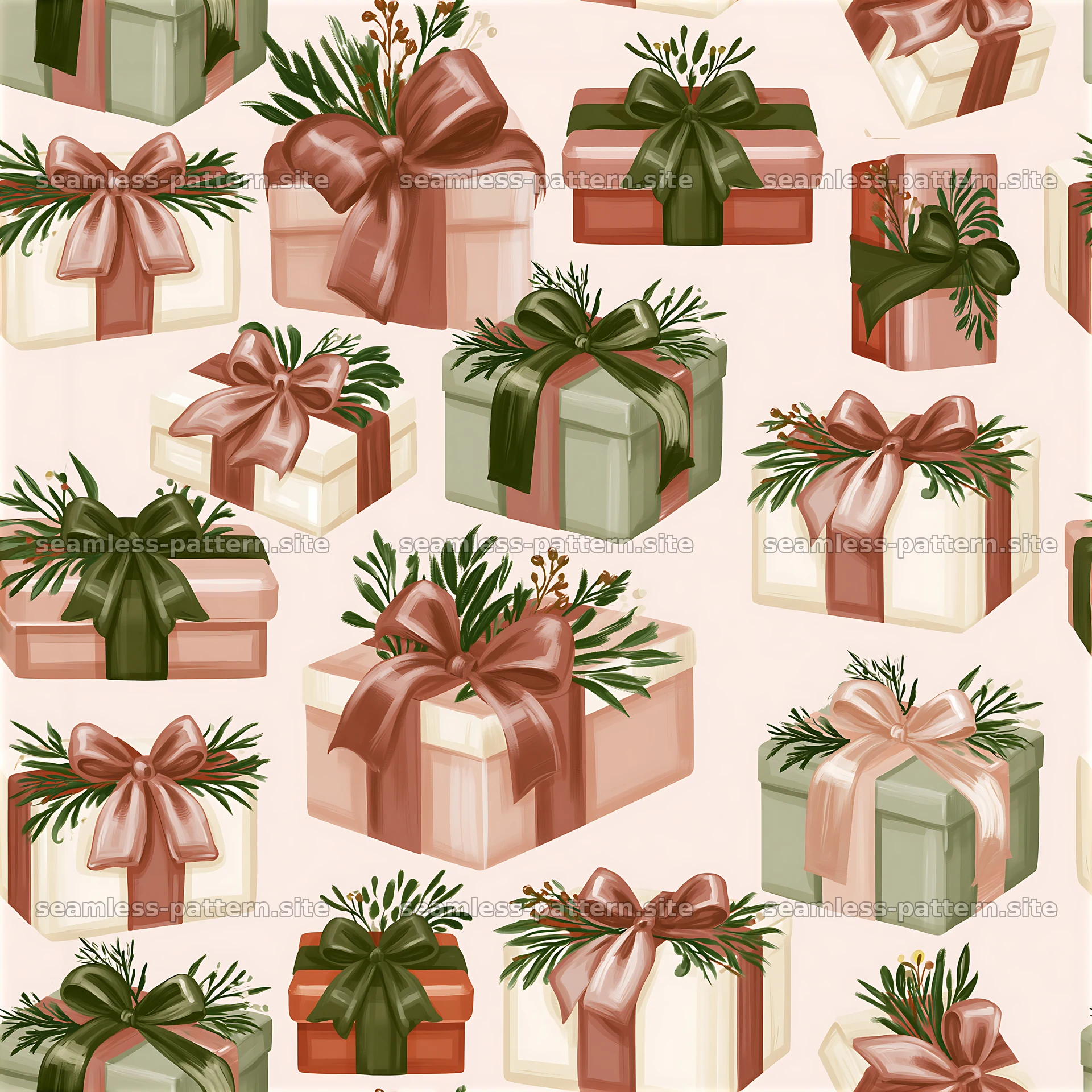 Gift boxes with bows and botanical branches seamless pattern — seamless tileable pattern at 8192x8192