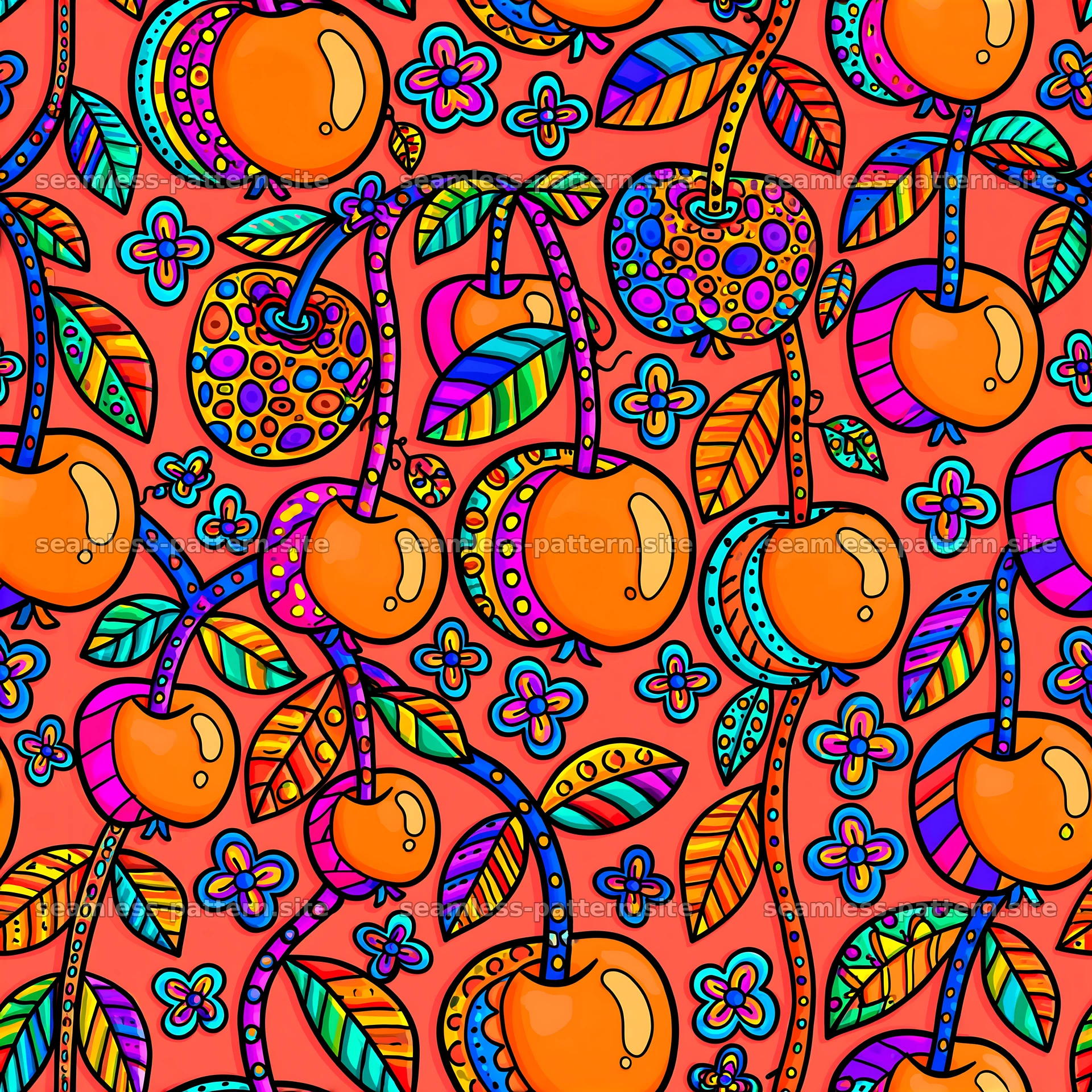 Colorful apple and flower seamless pattern — seamless tileable pattern at 8192x8192