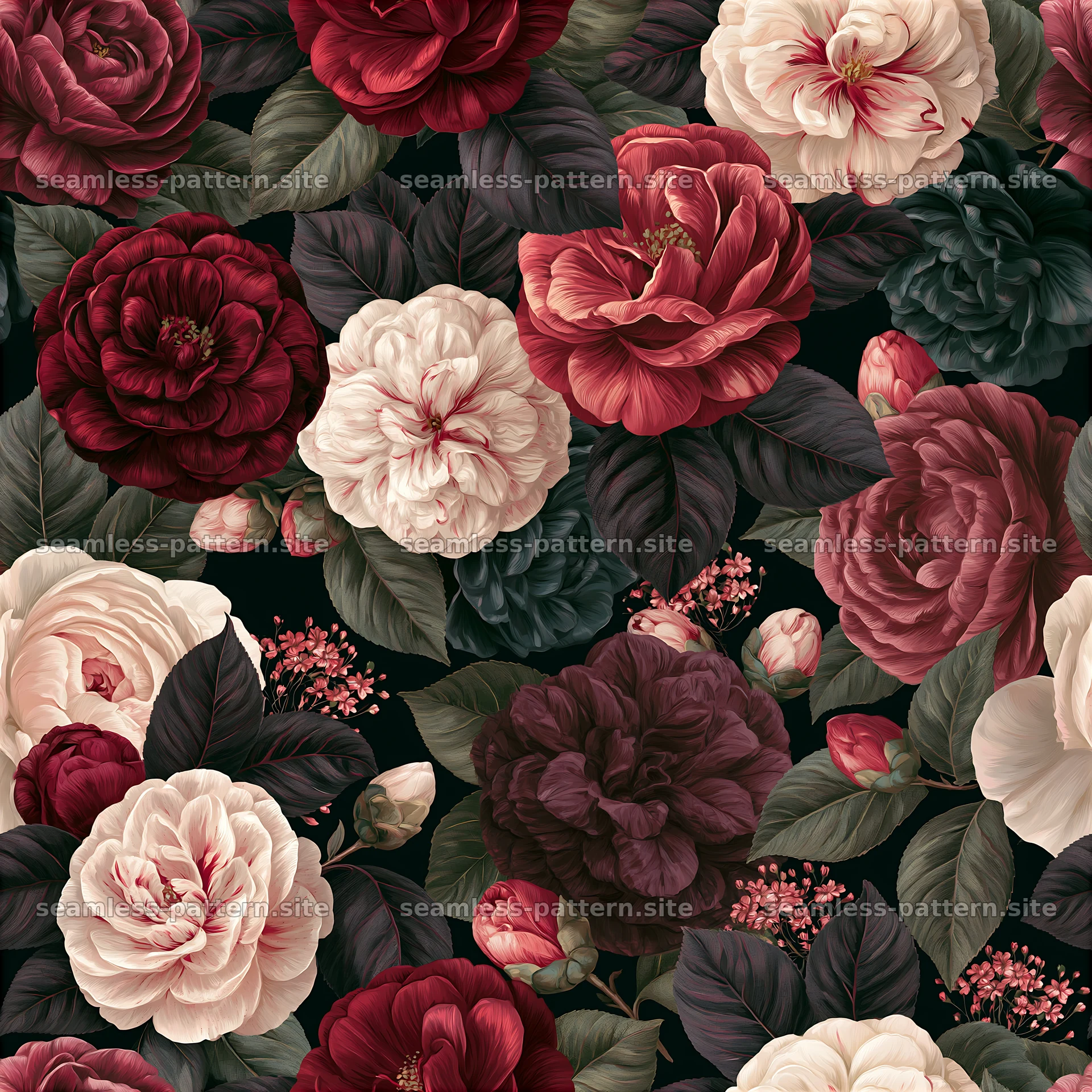 dense floral repeat pattern with roses and green leaves — seamless tileable pattern at 8192x8192