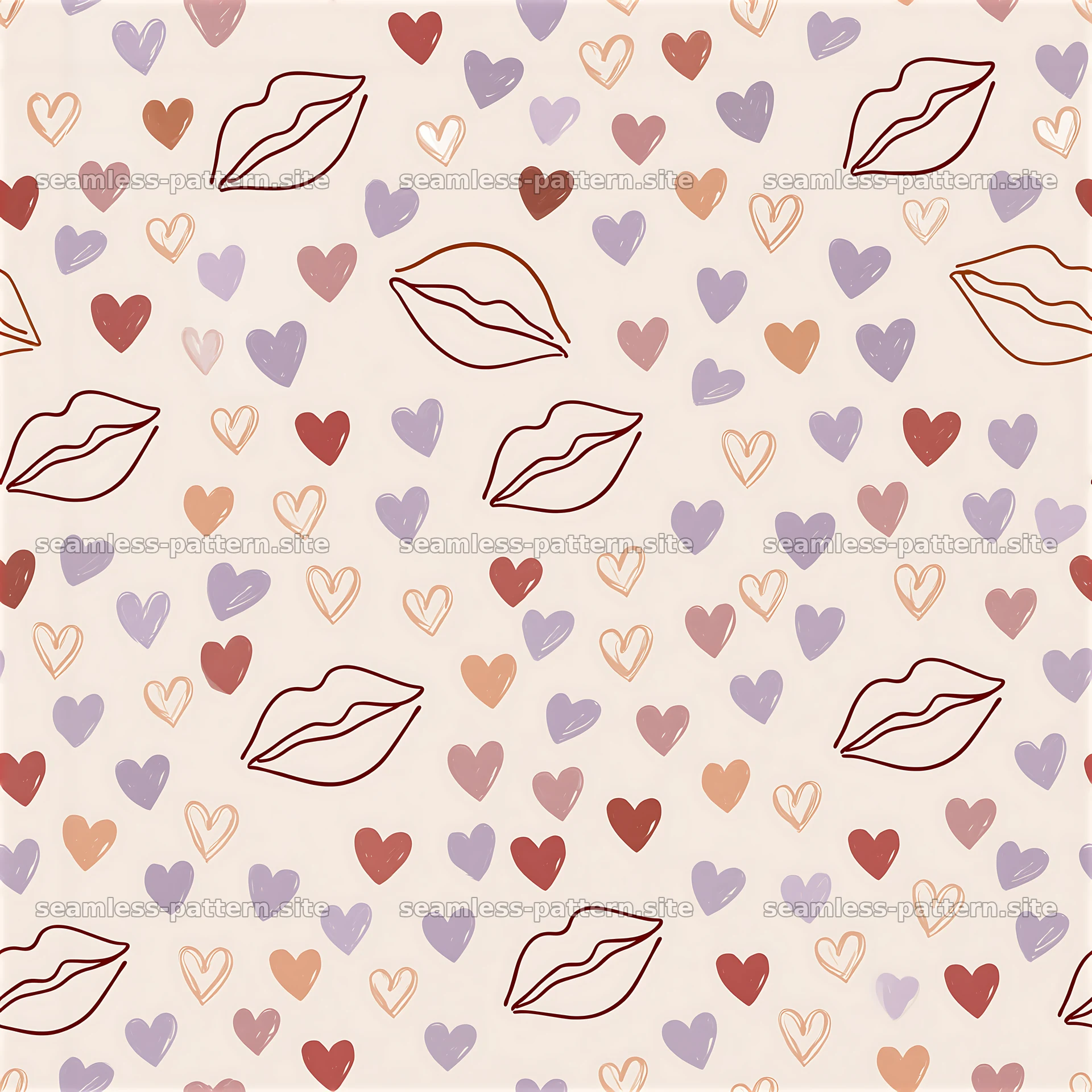 Seamless pattern with outlined lips and heart confetti — seamless tileable pattern at 8192x8192