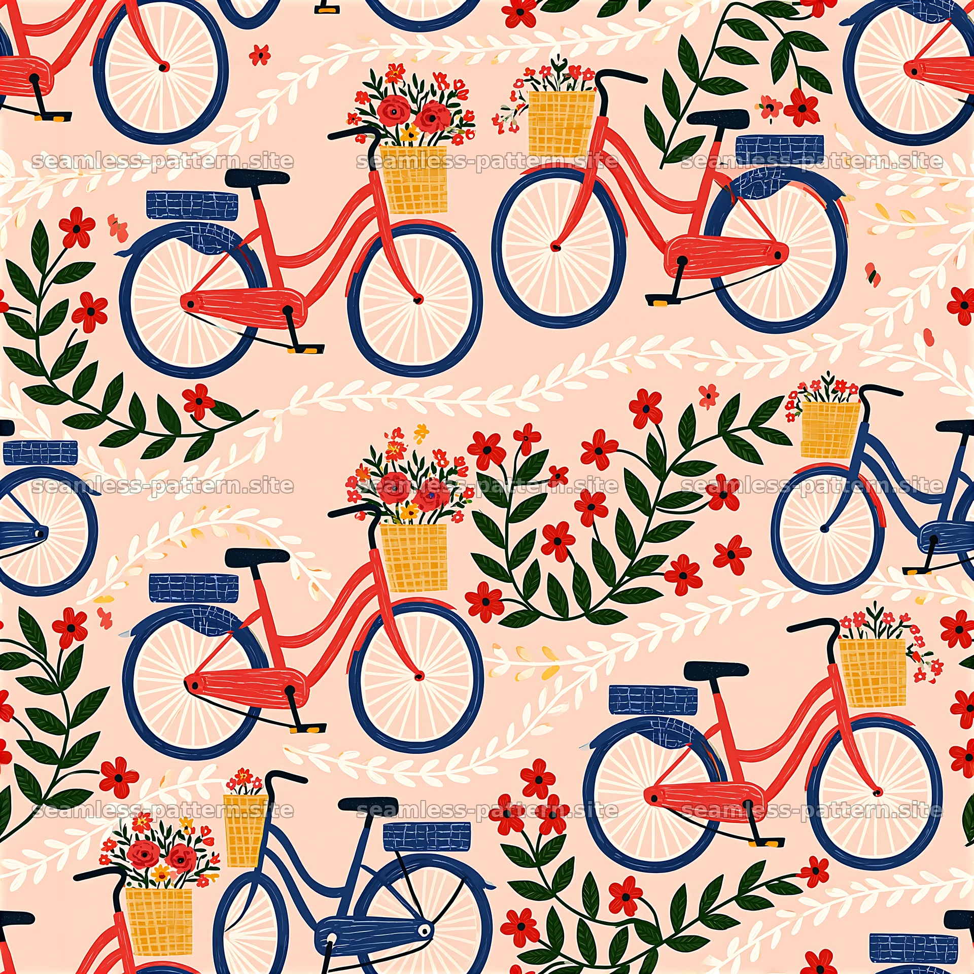 Colorful vintage bicycle and floral seamless pattern — seamless tileable pattern at 8192x8192