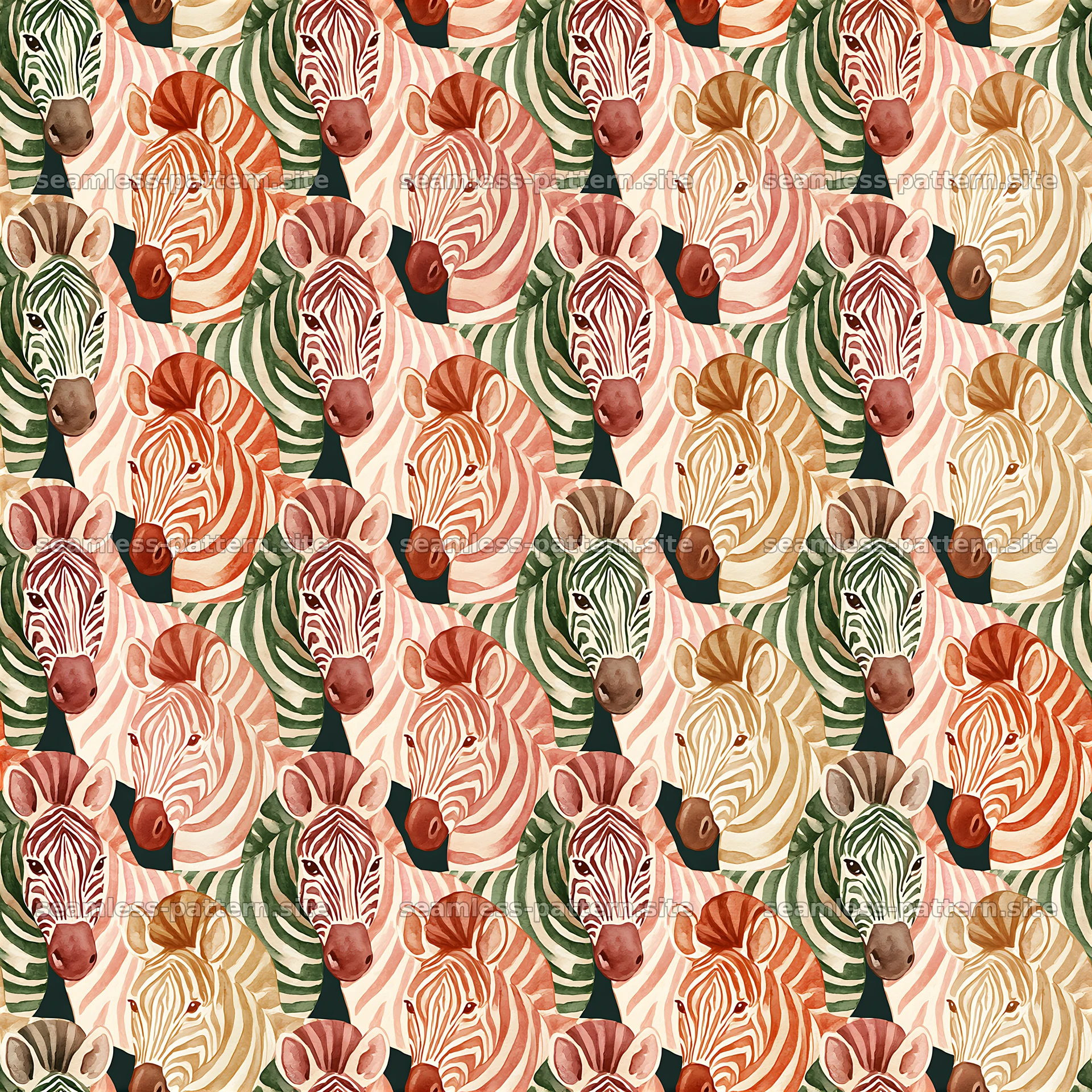 Colorful Zebra Seamless Pattern with Watercolor Animal Heads — seamless tileable pattern at 8192x8192