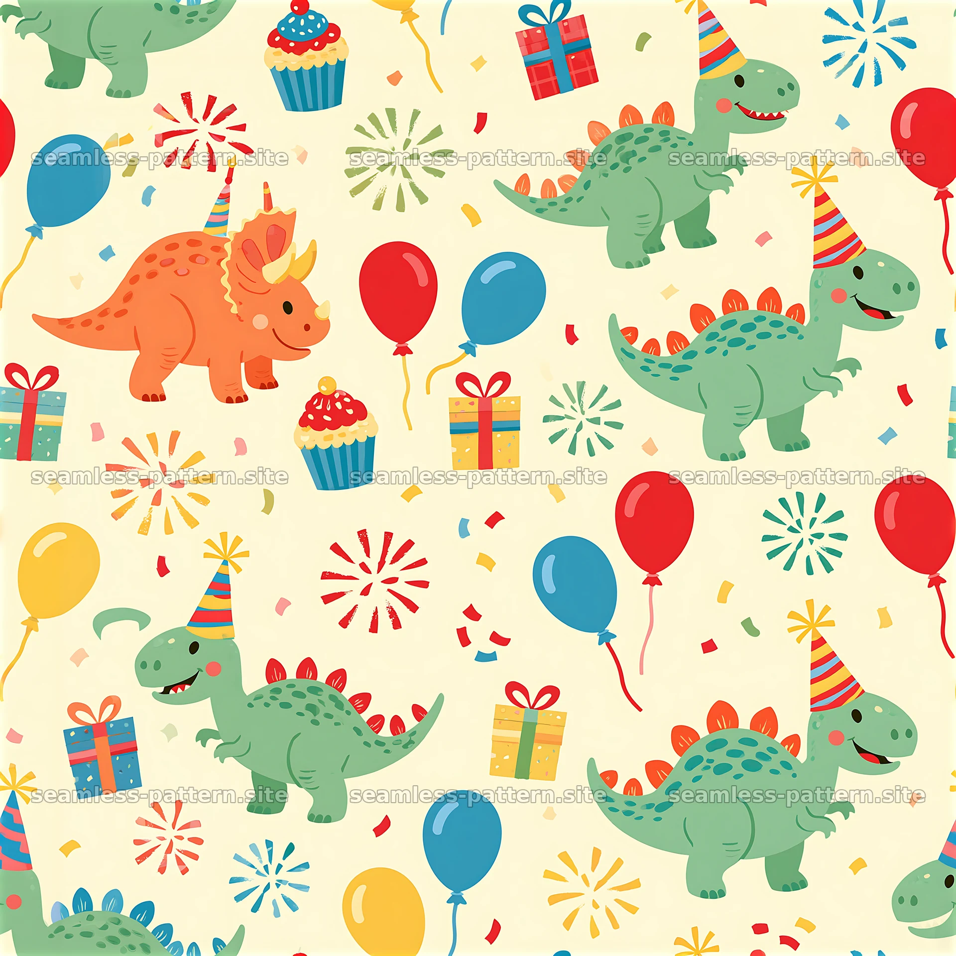 Colorful dinosaur birthday party seamless pattern — seamless tileable pattern at 8192x8192