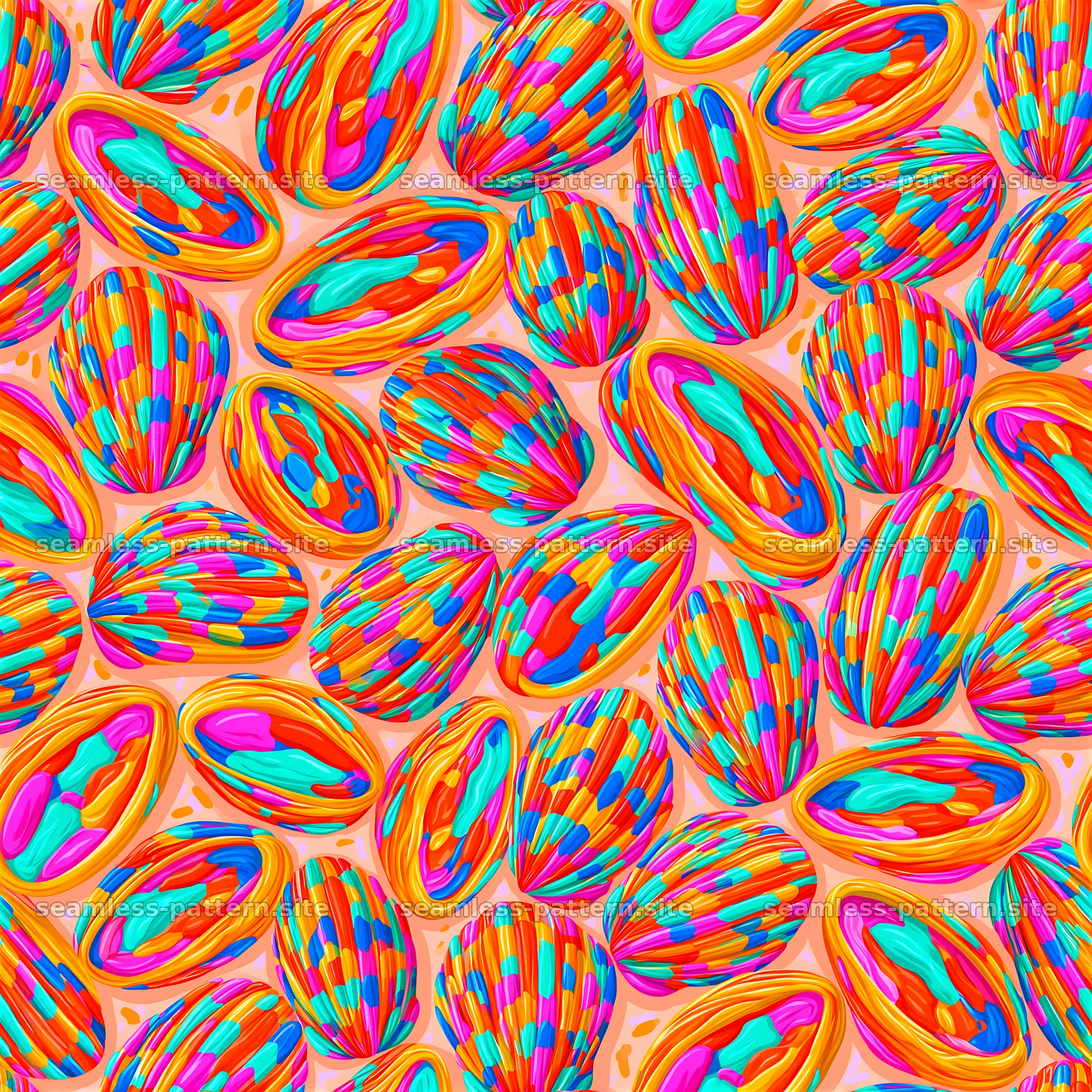 Funky shells seamless pattern with colorful design and layout — seamless tileable pattern at 8192x8192