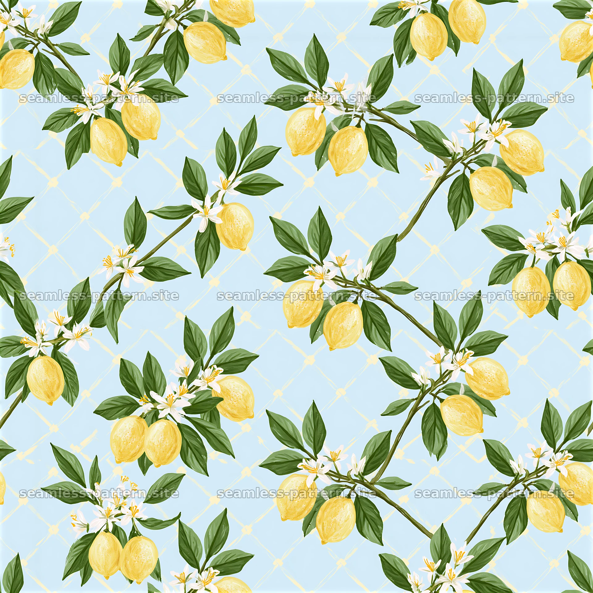 Cute lemon seamless pattern with yellow lemons and green leaves — seamless tileable pattern at 8192x8192