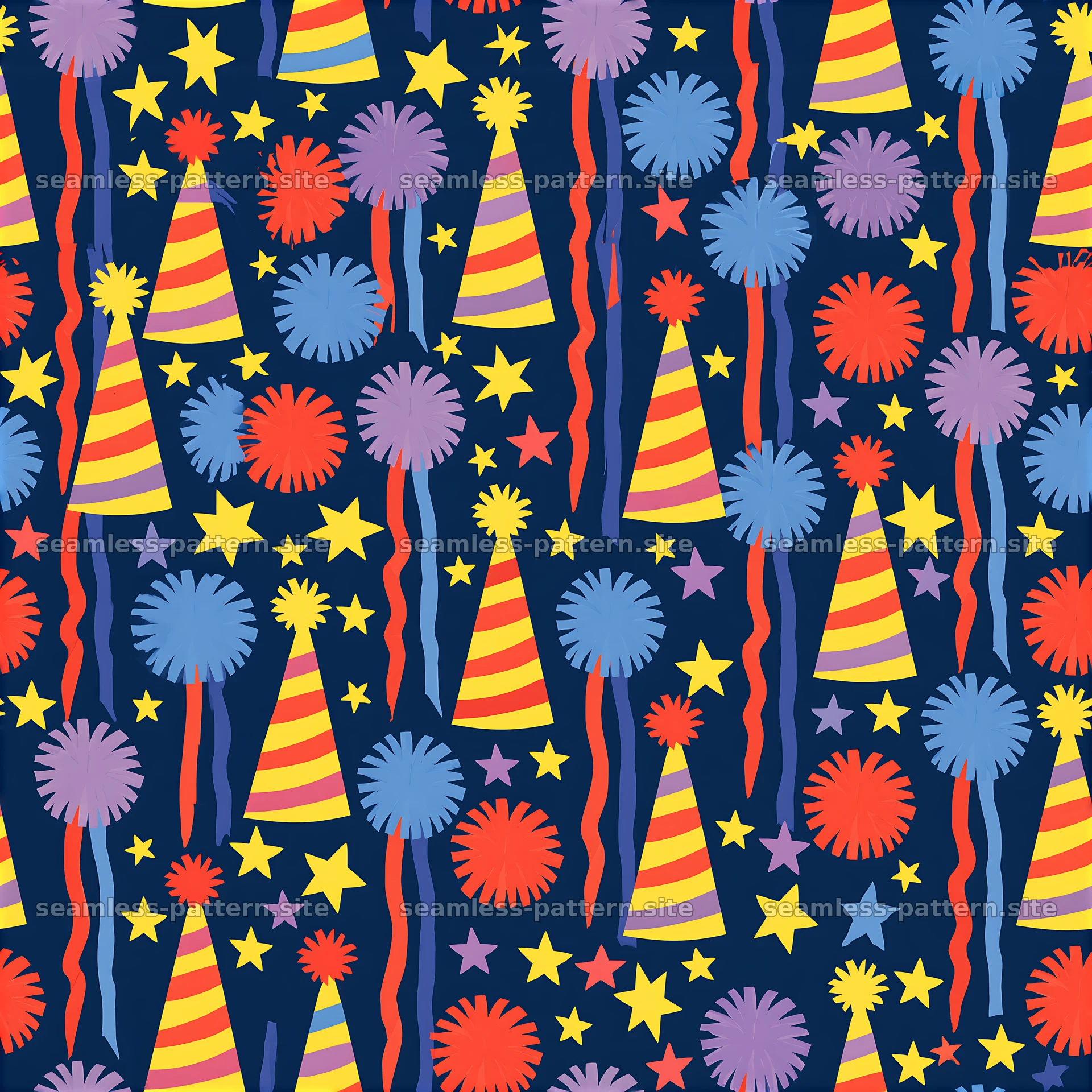 Colorful party hat seamless pattern with stars and decorations — seamless tileable pattern at 8192x8192