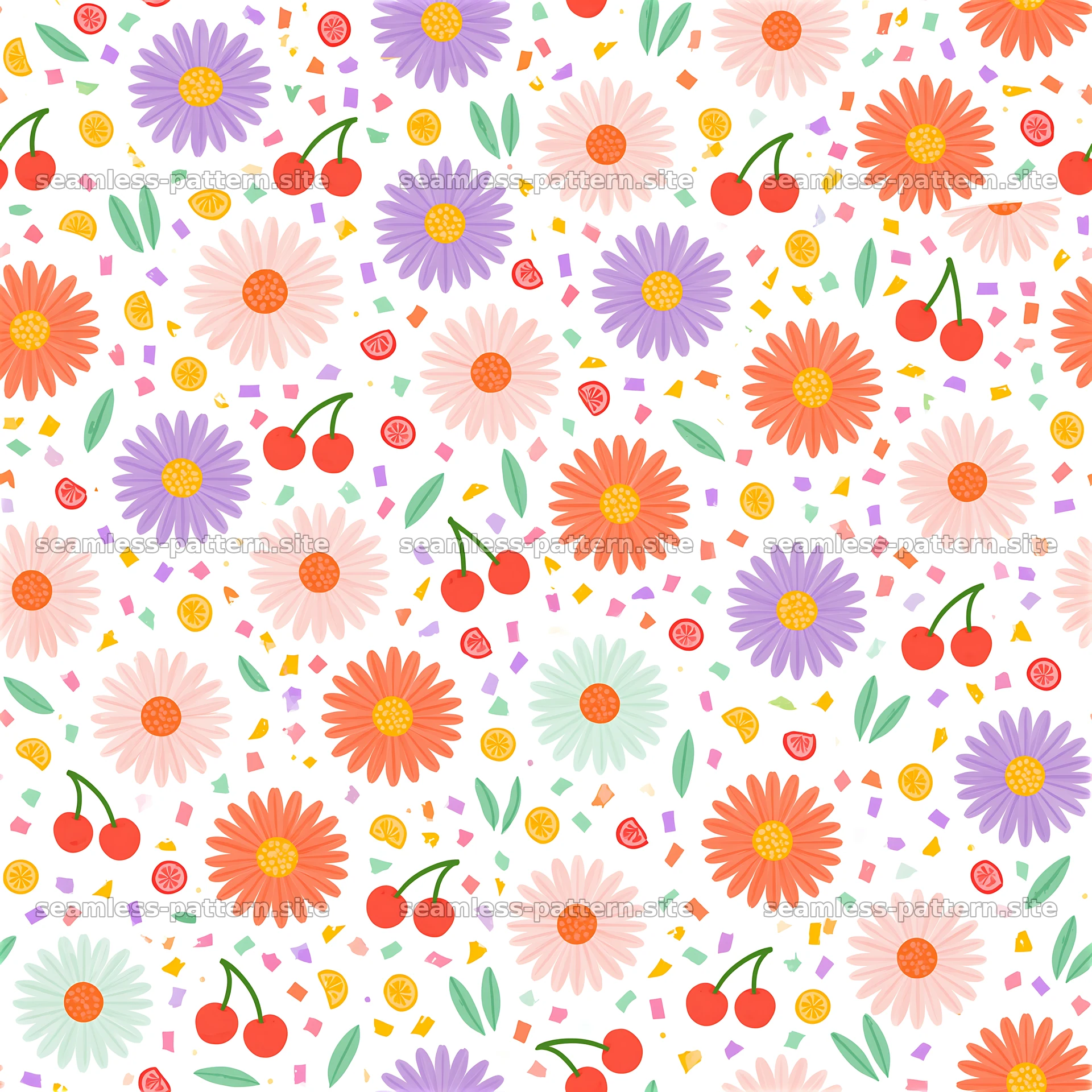 Colorful floral and fruit seamless pattern on white background — seamless tileable pattern at 8192x8192