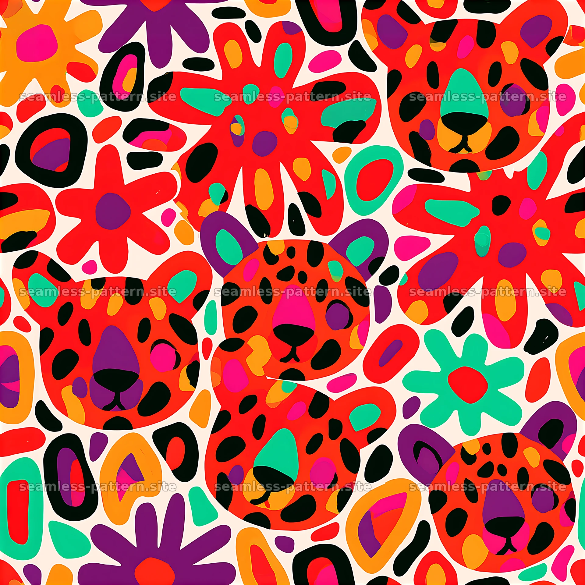 Colorful leopard design with flowers in a seamless pattern — seamless tileable pattern at 8192x8192