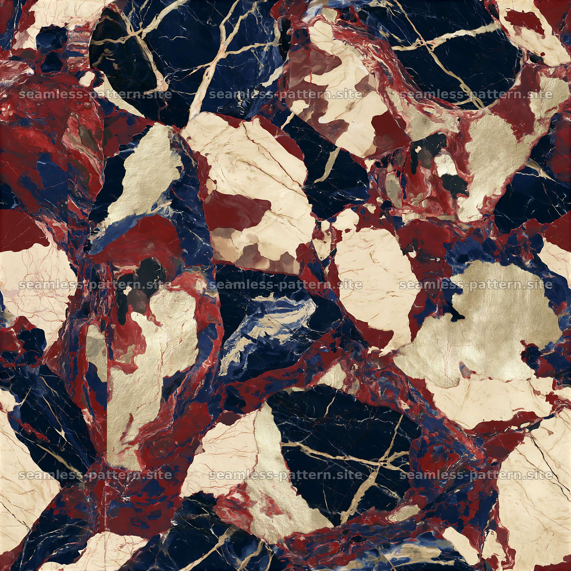 Seamless polished camouflage marble pattern with navy and red elements — seamless tileable pattern at 8192x8192