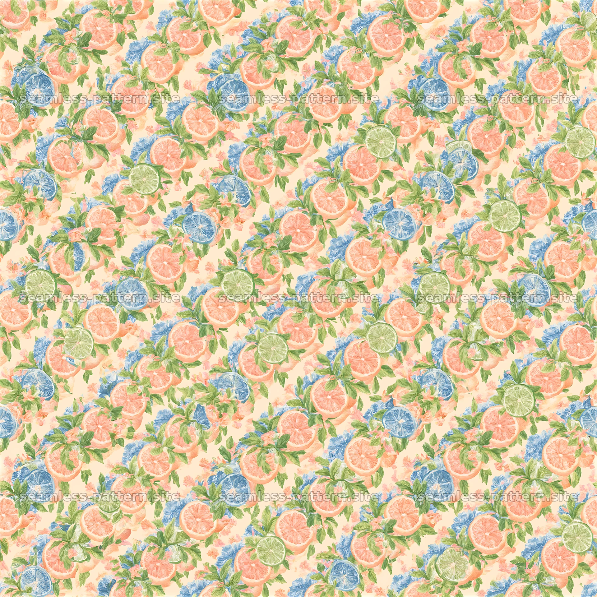 Colorful seamless pattern of citrus fruits with green leaves — seamless tileable pattern at 8192x8192