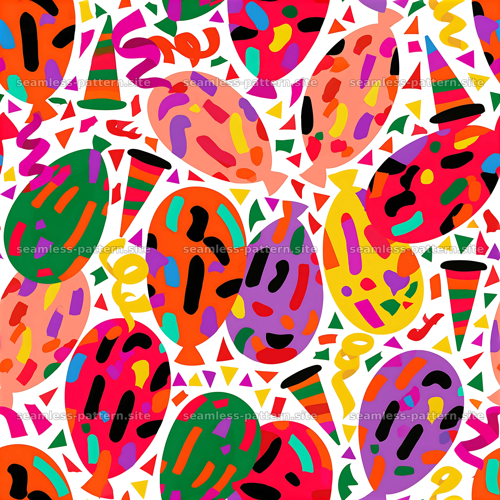 Colorful festive pattern with balloons and party hats — seamless tileable pattern at 8192x8192