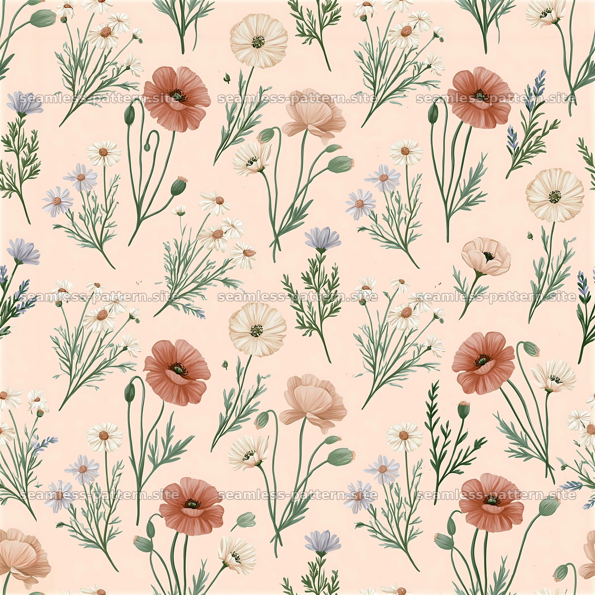 Summer flower seamless pattern with poppies and daisies on light — seamless tileable pattern at 8192x8192
