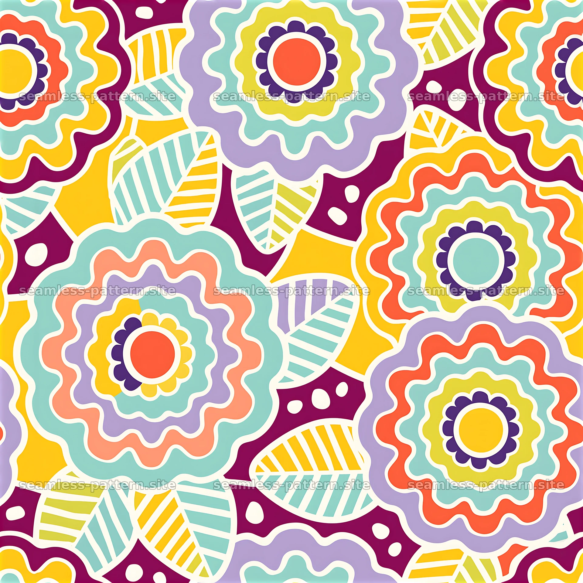 Colorful floral design with circles and leaves in a repeating pattern — seamless tileable pattern at 8192x8192