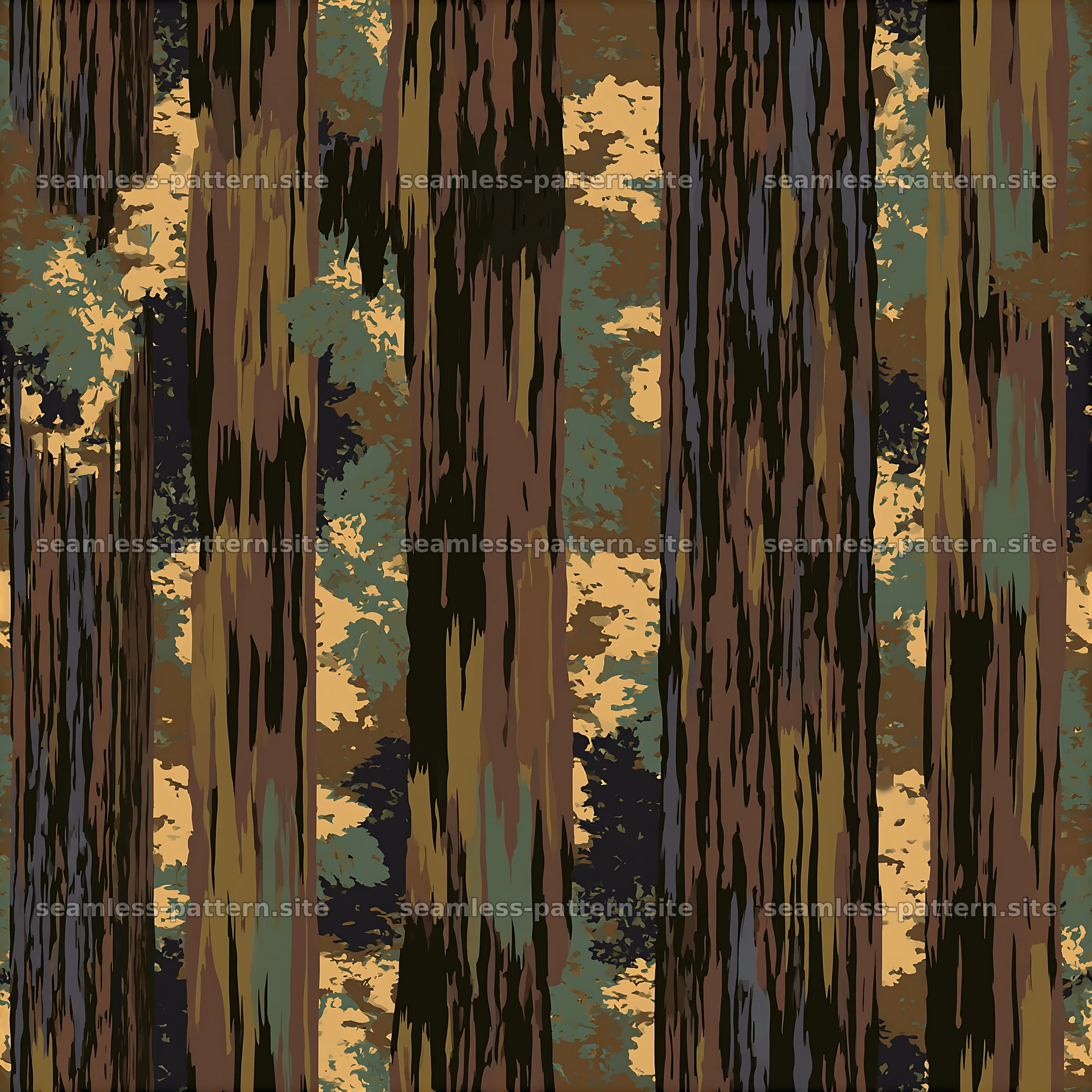 Seamless woodland camouflage pattern with tree trunks — seamless tileable pattern at 8192x8192