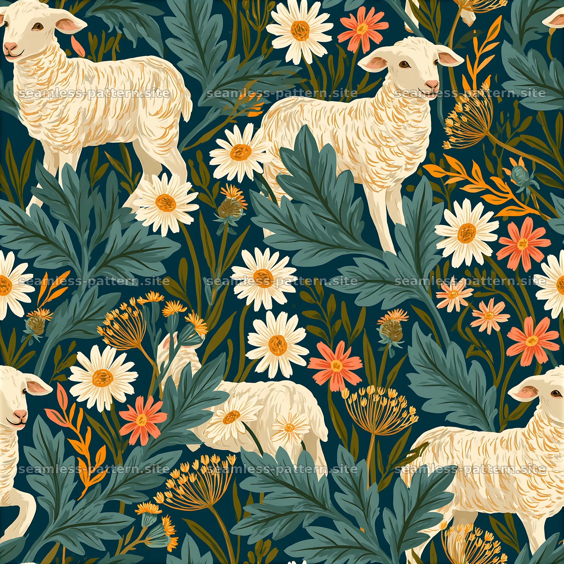 Lambs and Botanical Flowers Seamless Pattern — seamless tileable pattern at 8192x8192