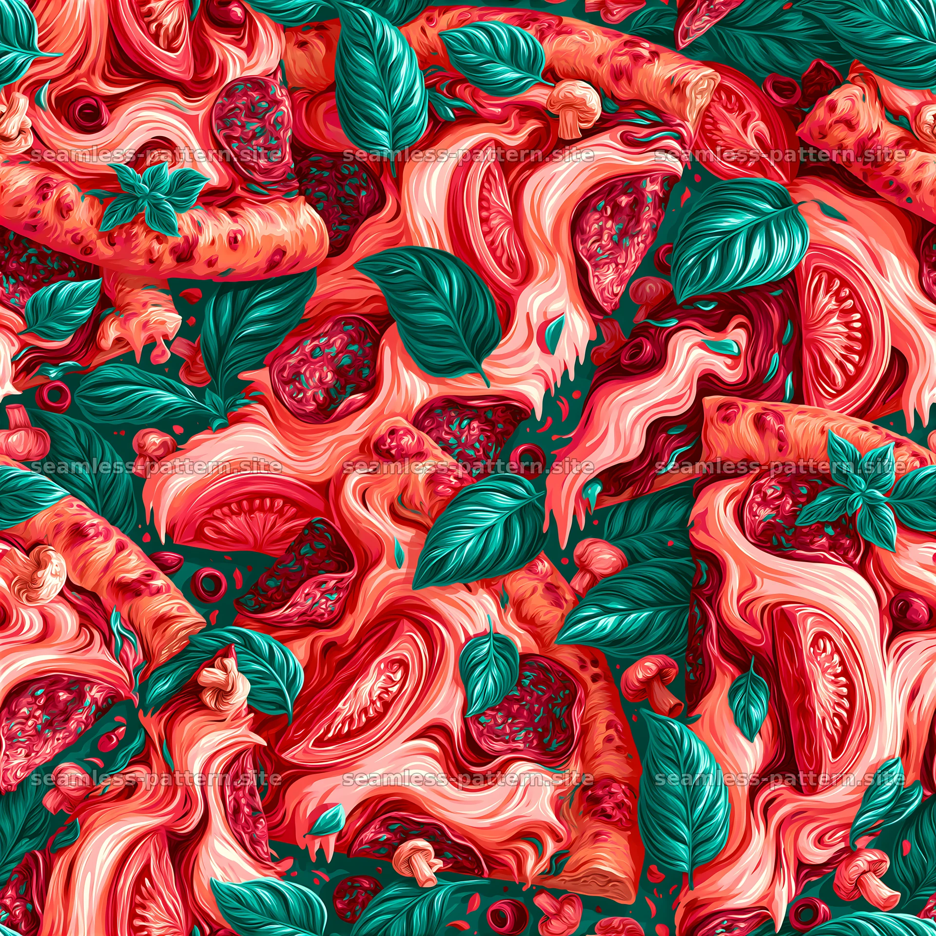 Colorful slices of pizza surrounded by fresh ingredients and herbs — seamless tileable pattern at 8192x8192