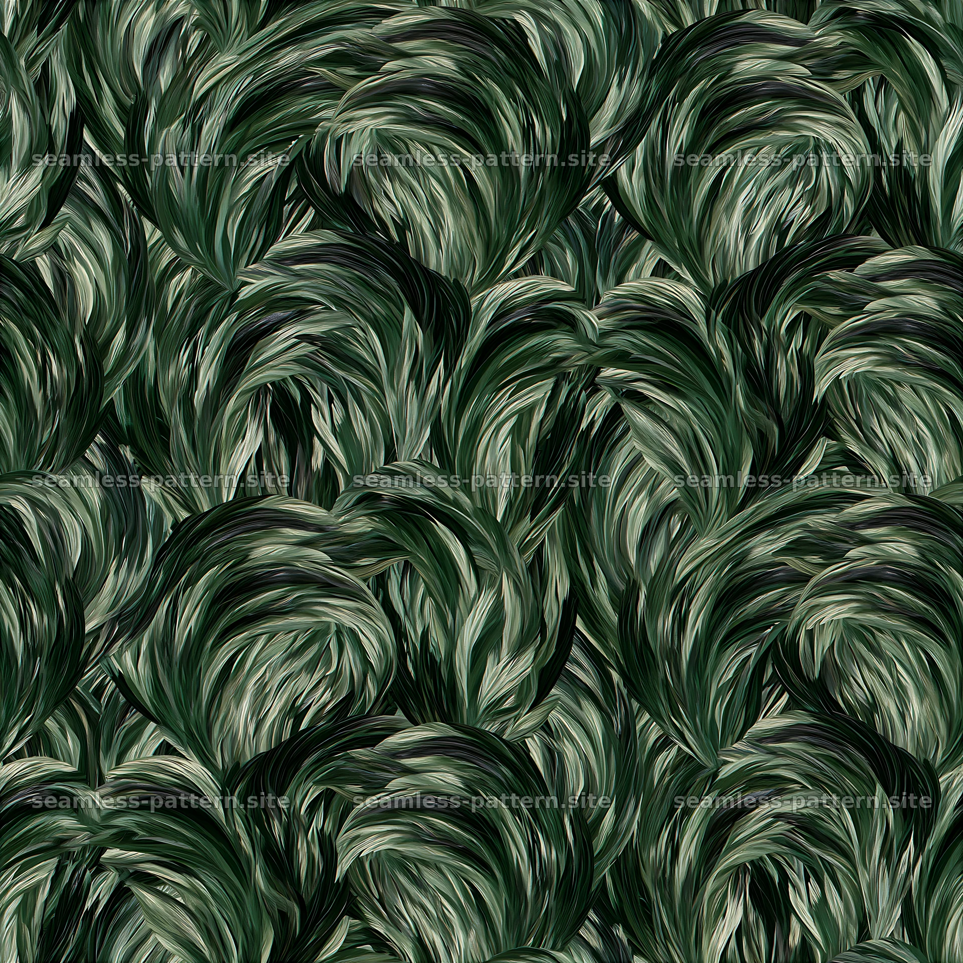Green camouflage bird plumage repeating pattern with flowing shapes — seamless tileable pattern at 8192x8192