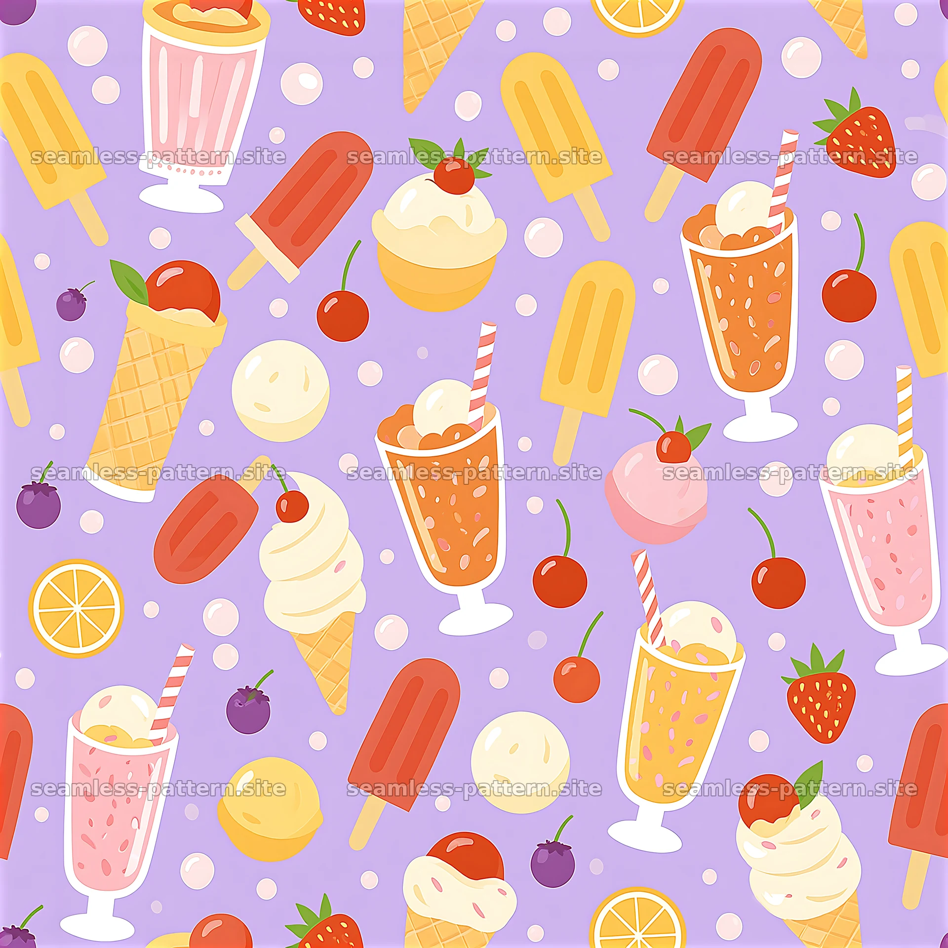 Colorful ice cream cones and treats on a purple background — seamless tileable pattern at 8192x8192