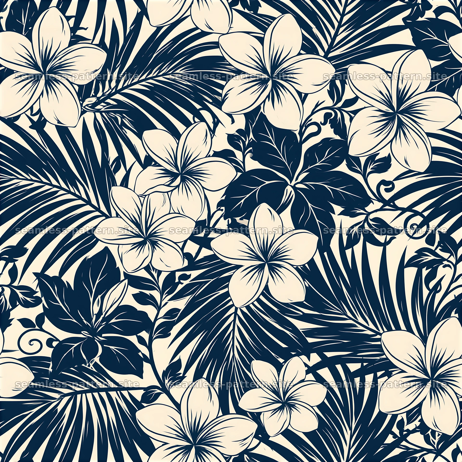 Tropical flower tileable pattern with leaves and floral elements — seamless tileable pattern at 8192x8192