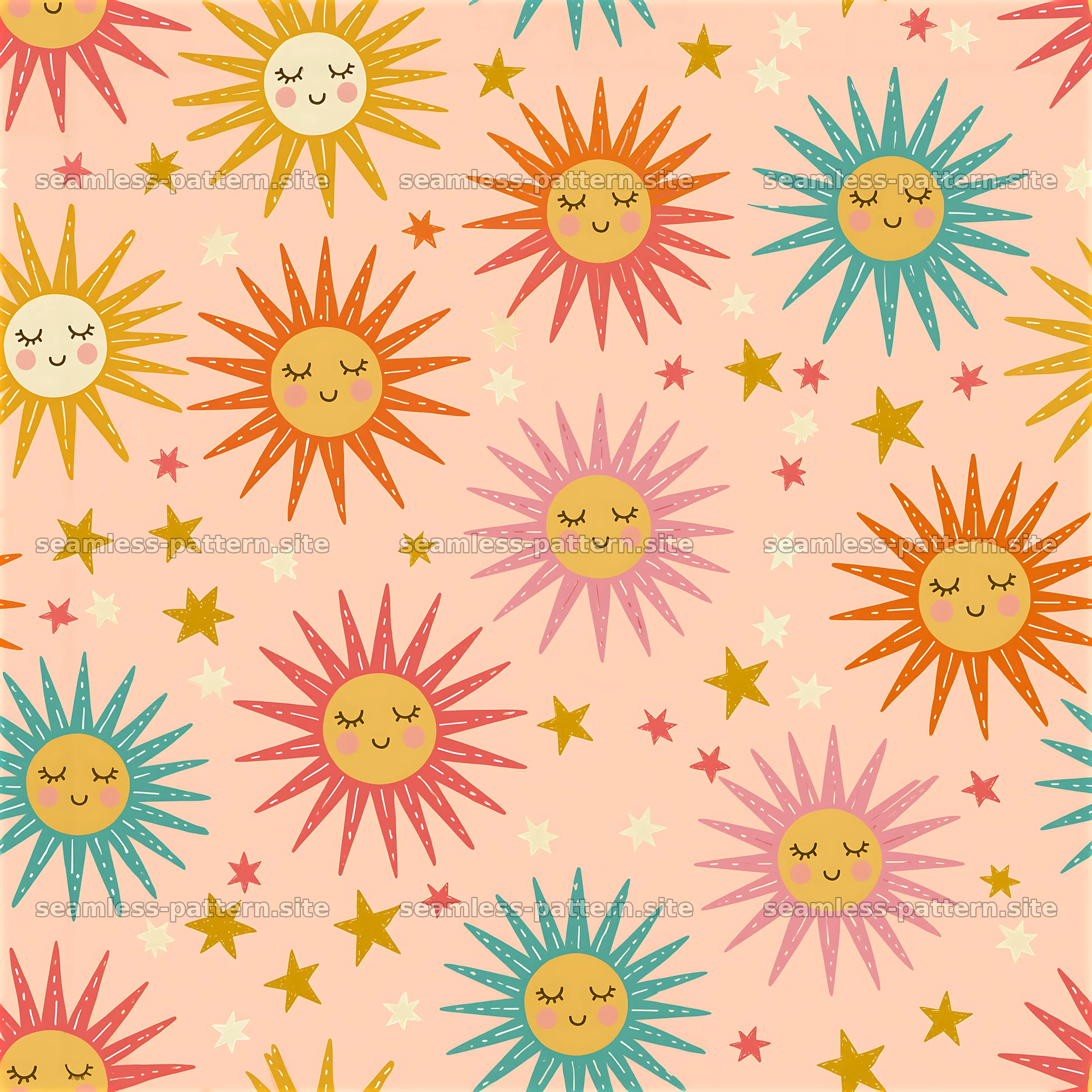 Colorful smiling sun and star seamless pattern — seamless tileable pattern at 8192x8192