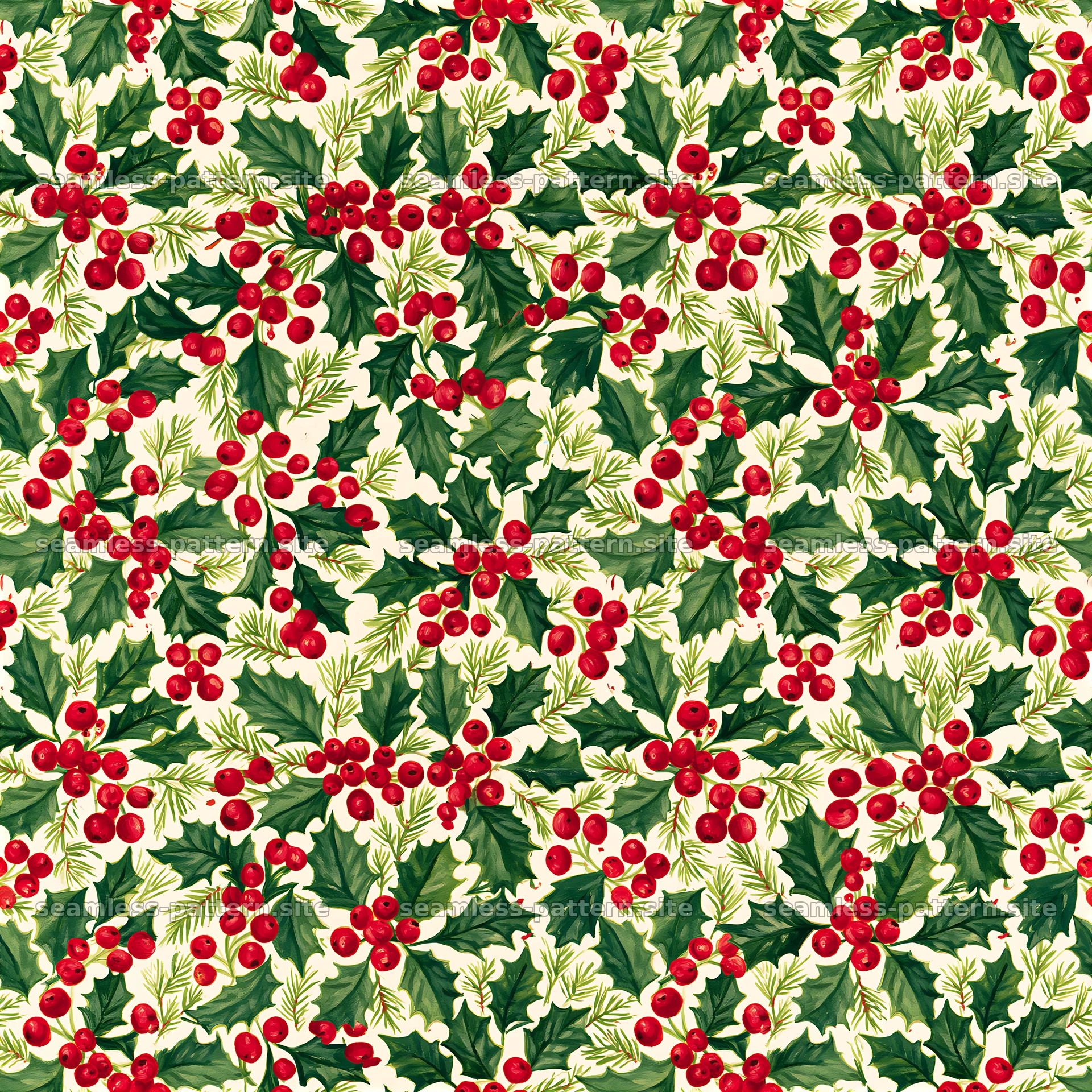 Christmas holly and berry seamless wrapping paper pattern — seamless tileable pattern at 8192x8192