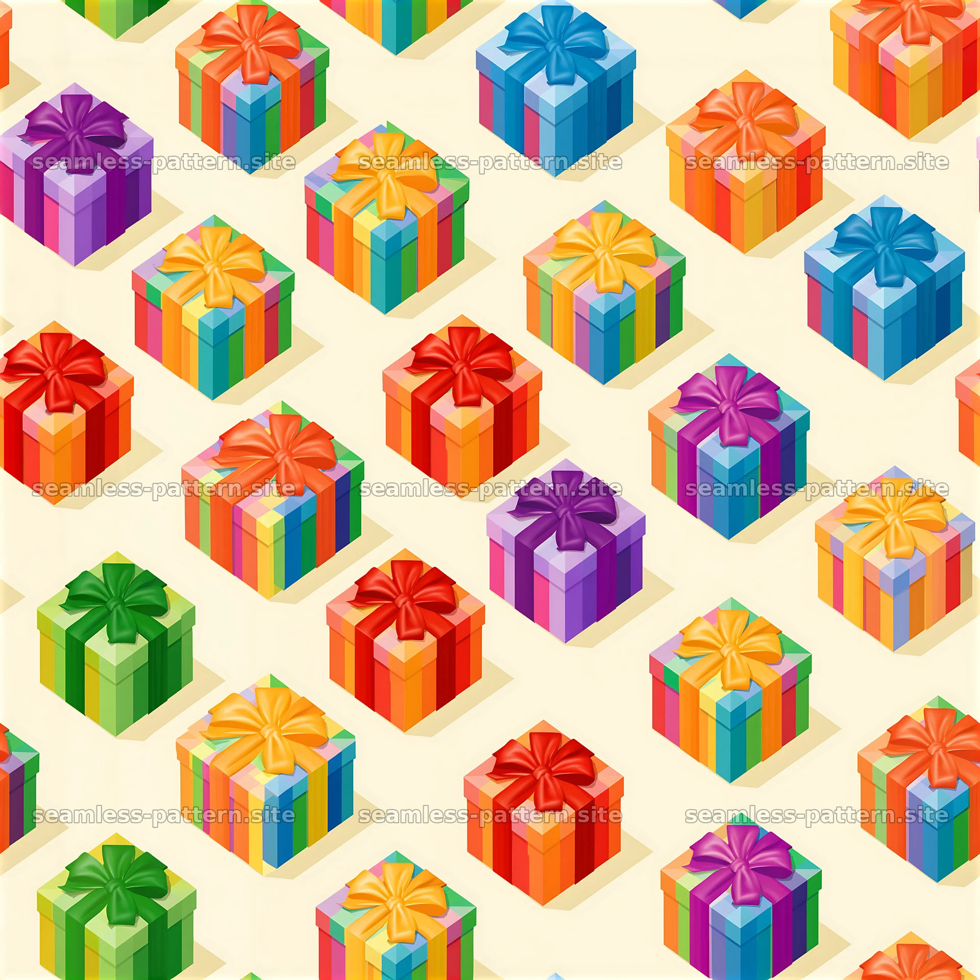 Tileable pattern with rainbow gift packages in a bright setting — seamless tileable pattern at 8192x8192