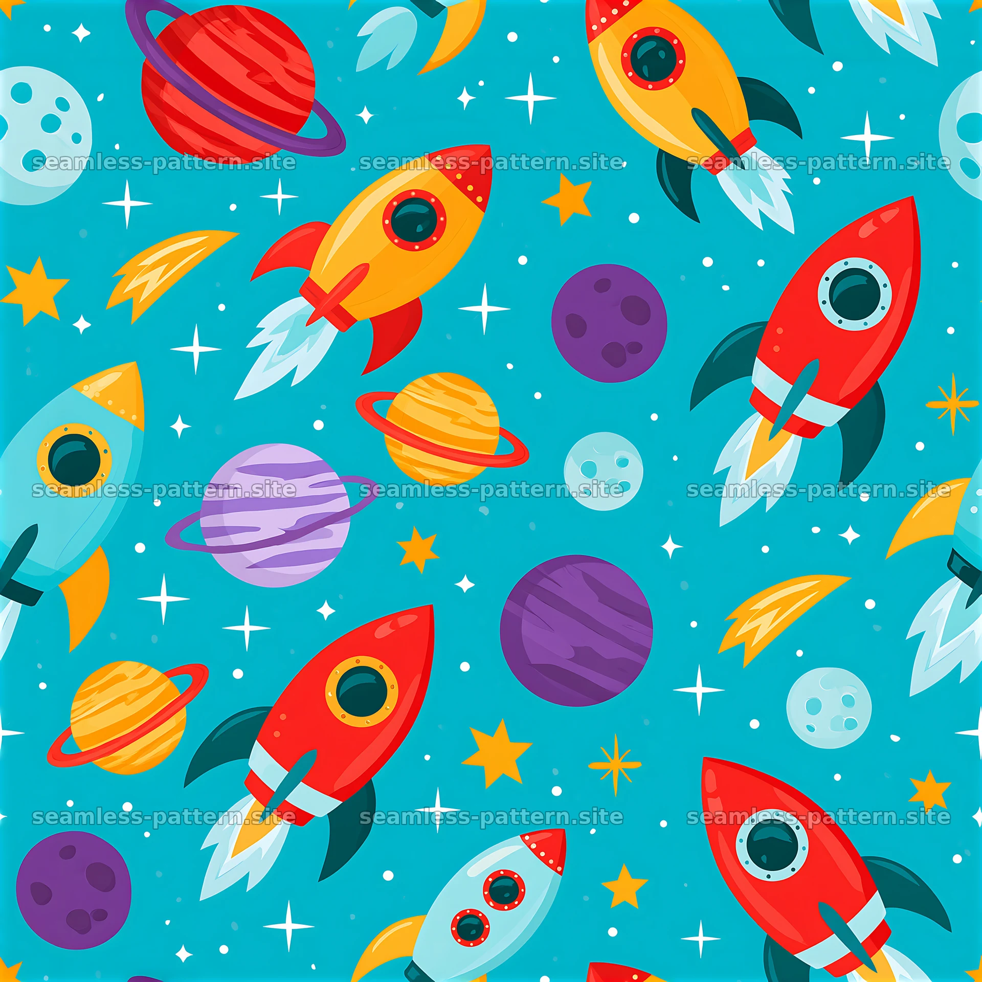 Colorful Cartoon Rocket and Planet Space Pattern — seamless tileable pattern at 8192x8192