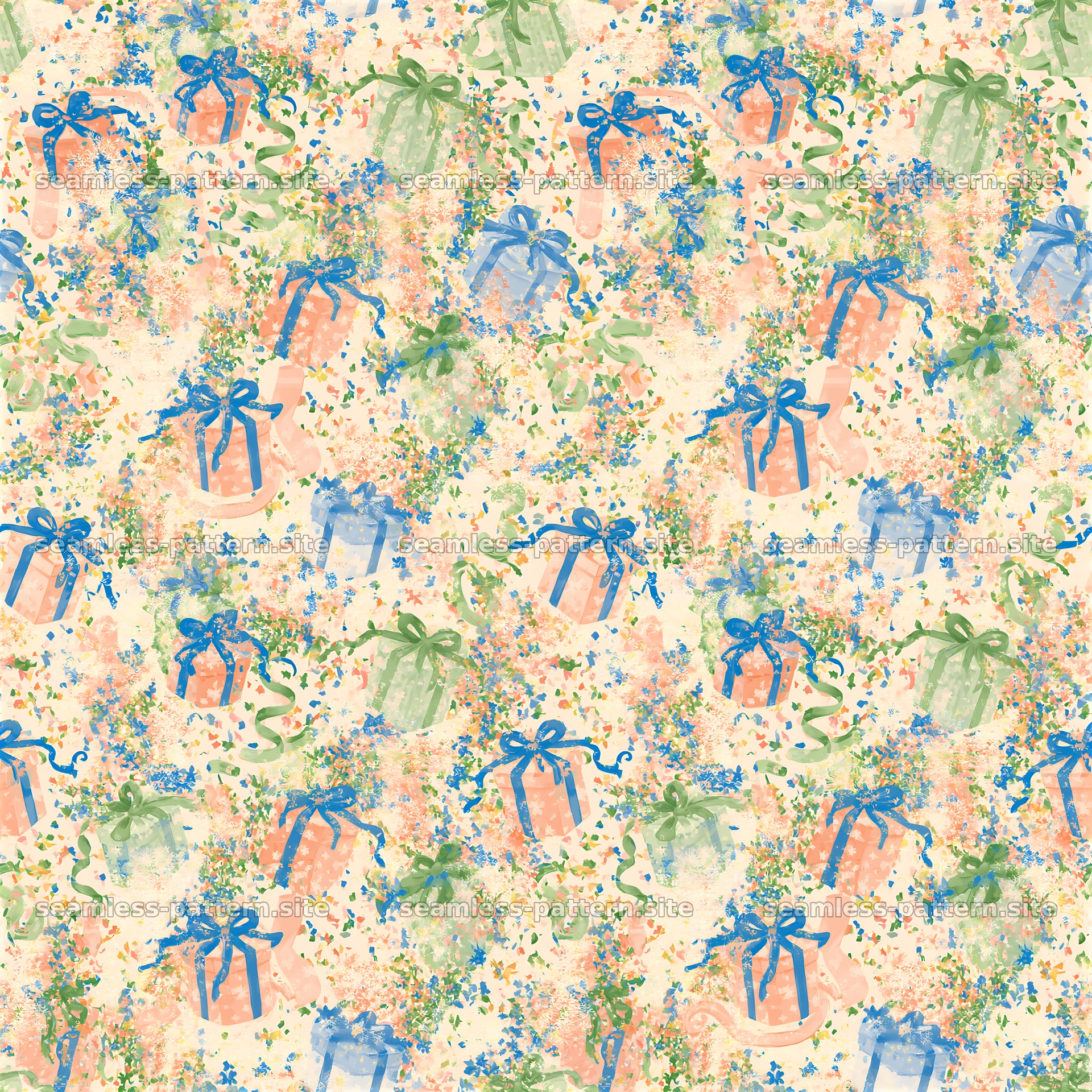 Birthday Presents Seamless Pattern with Ribbons and Confetti — seamless tileable pattern at 8192x8192