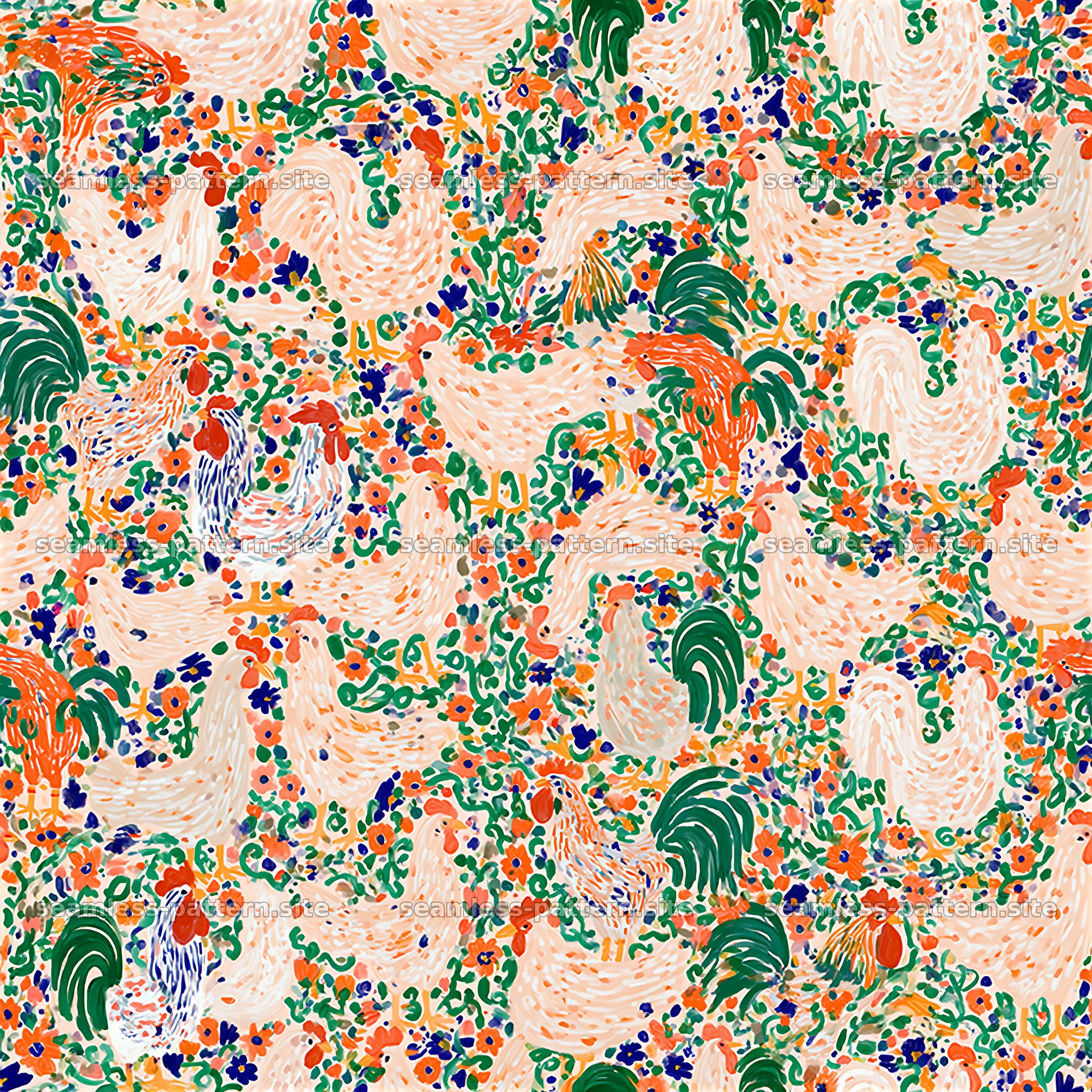 Colorful pattern featuring chickens and floral designs — seamless tileable pattern at 8192x8192