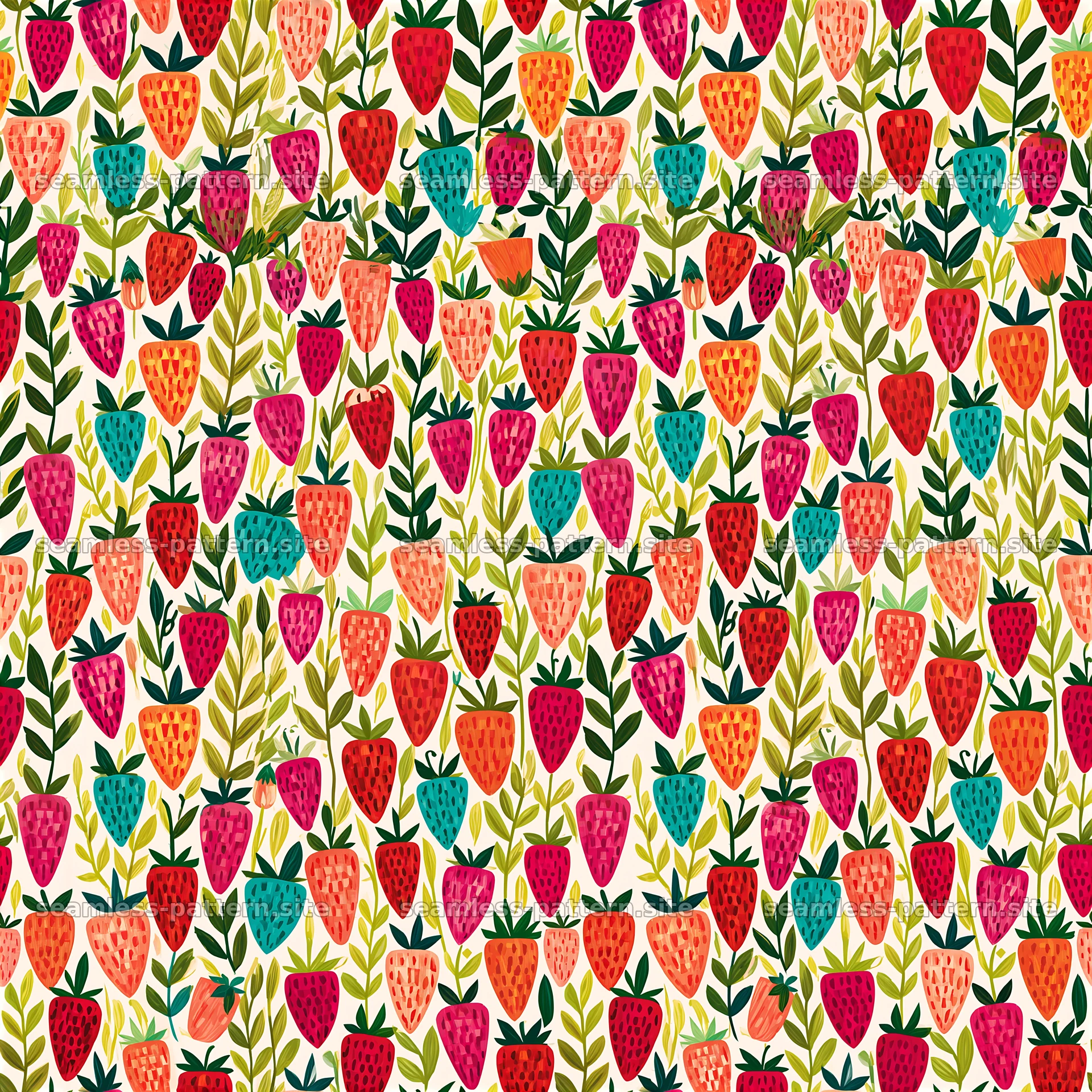 Colorful strawberry pattern with green leaves on light bg — seamless tileable pattern at 8192x8192