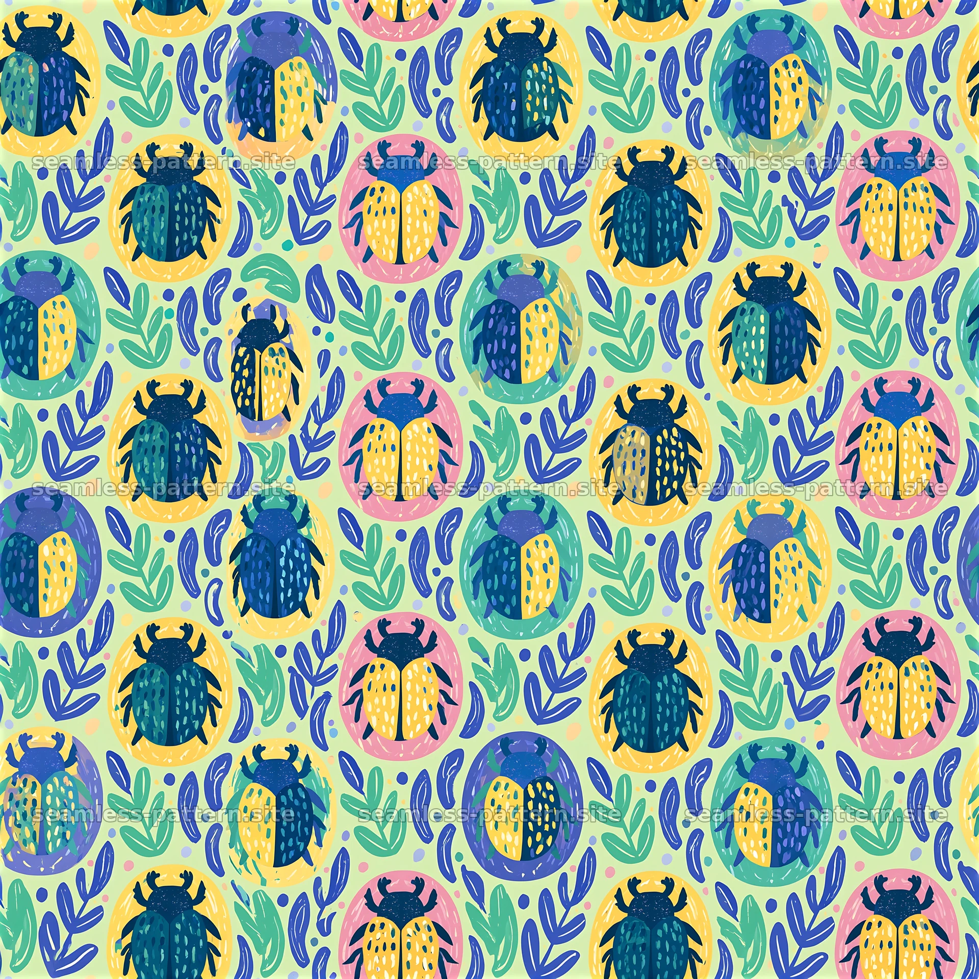 Vibrant beetles and leaves seamless pattern — seamless tileable pattern at 8192x8192