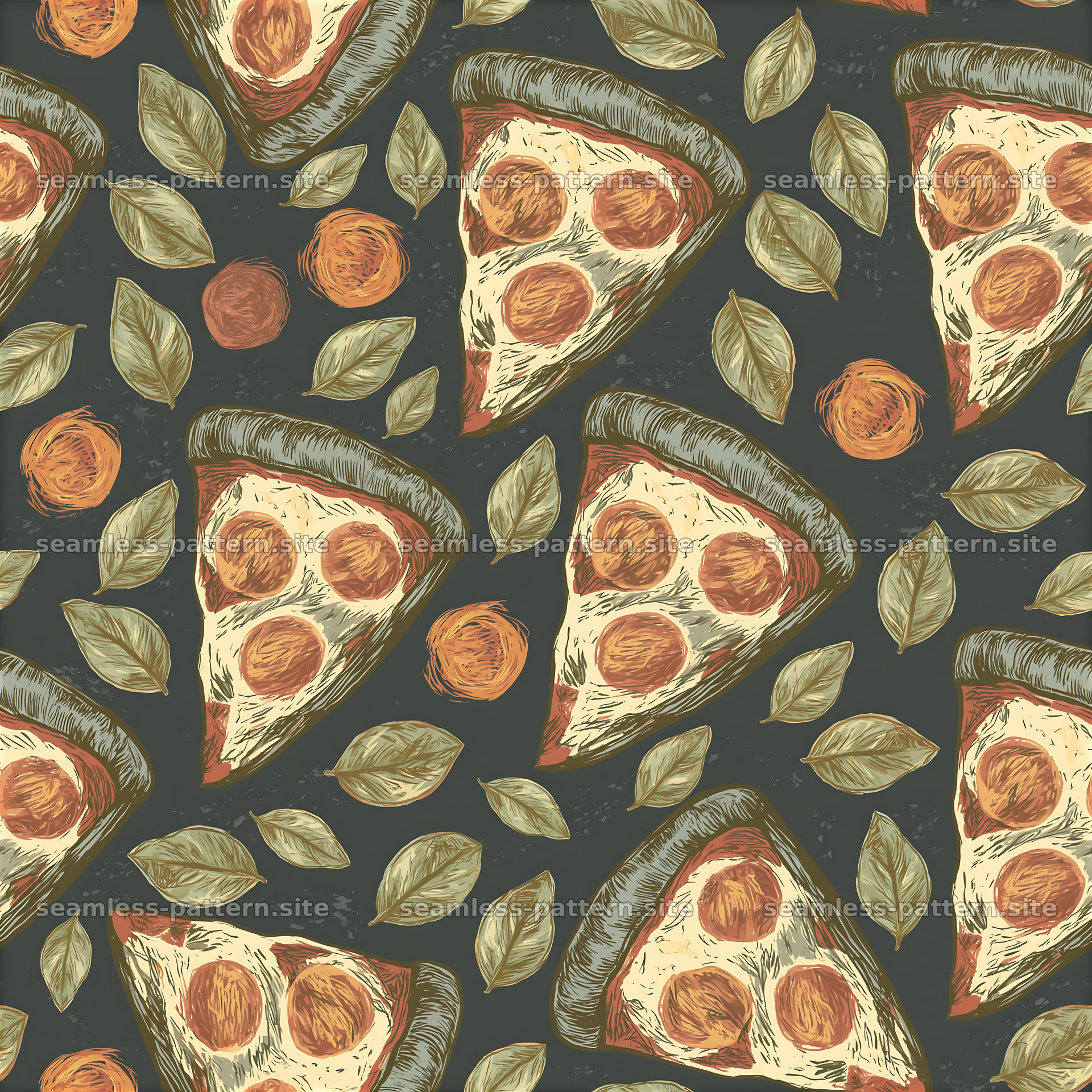 Pizza slice and leaves seamless pattern design for food projects — seamless tileable pattern at 8192x8192