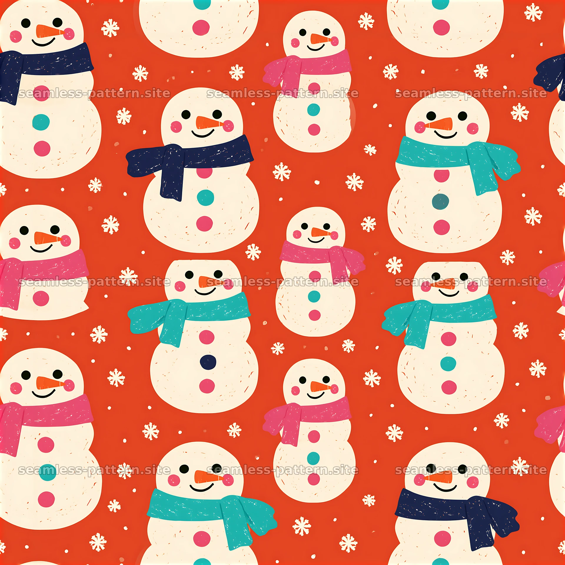 Cute Snowman Seamless Pattern with Colorful Scarves — seamless tileable pattern at 8192x8192