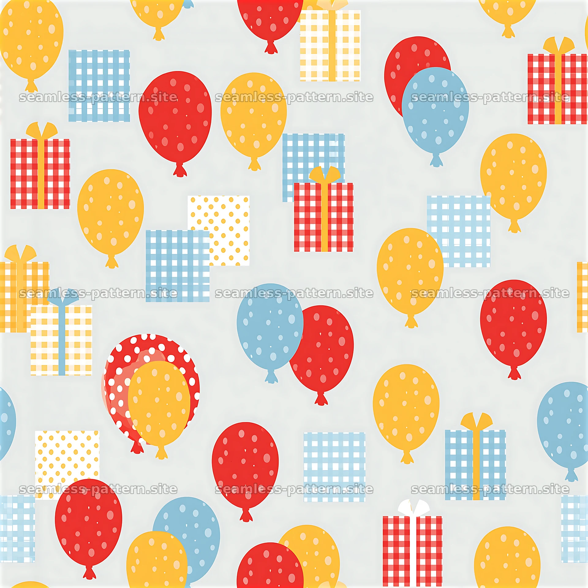 Colorful Balloons and Wrapped Presents Seamless Pattern — seamless tileable pattern at 8192x8192