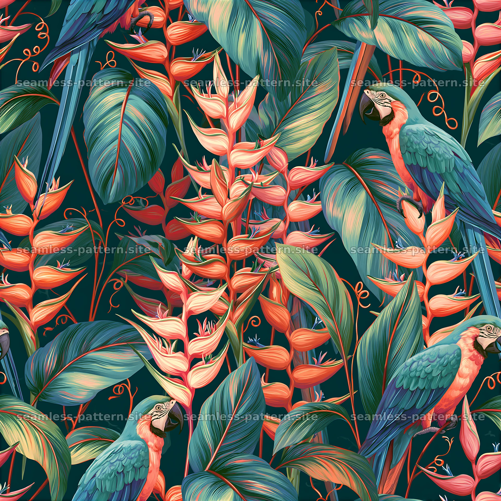 Colorful pattern with tropical plants and parrots in a repeat layout — seamless tileable pattern at 8192x8192
