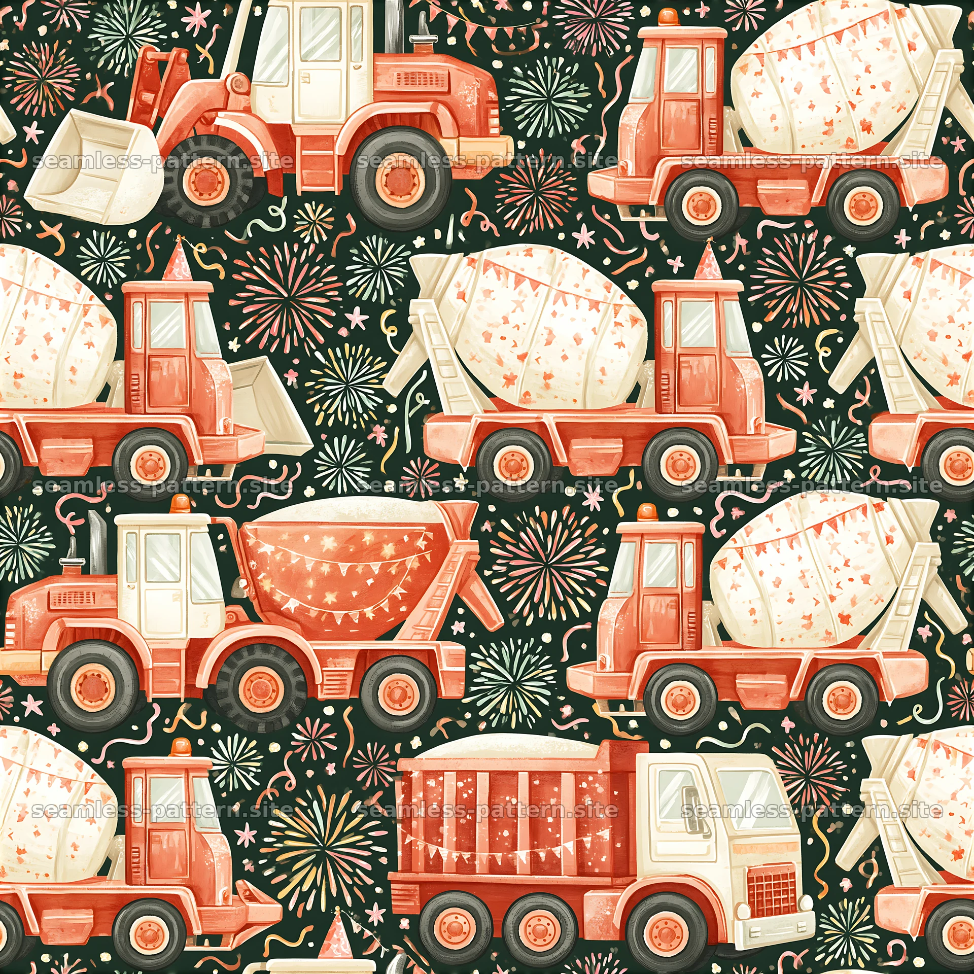 Colorful construction vehicles for festive celebrations — seamless tileable pattern at 8192x8192