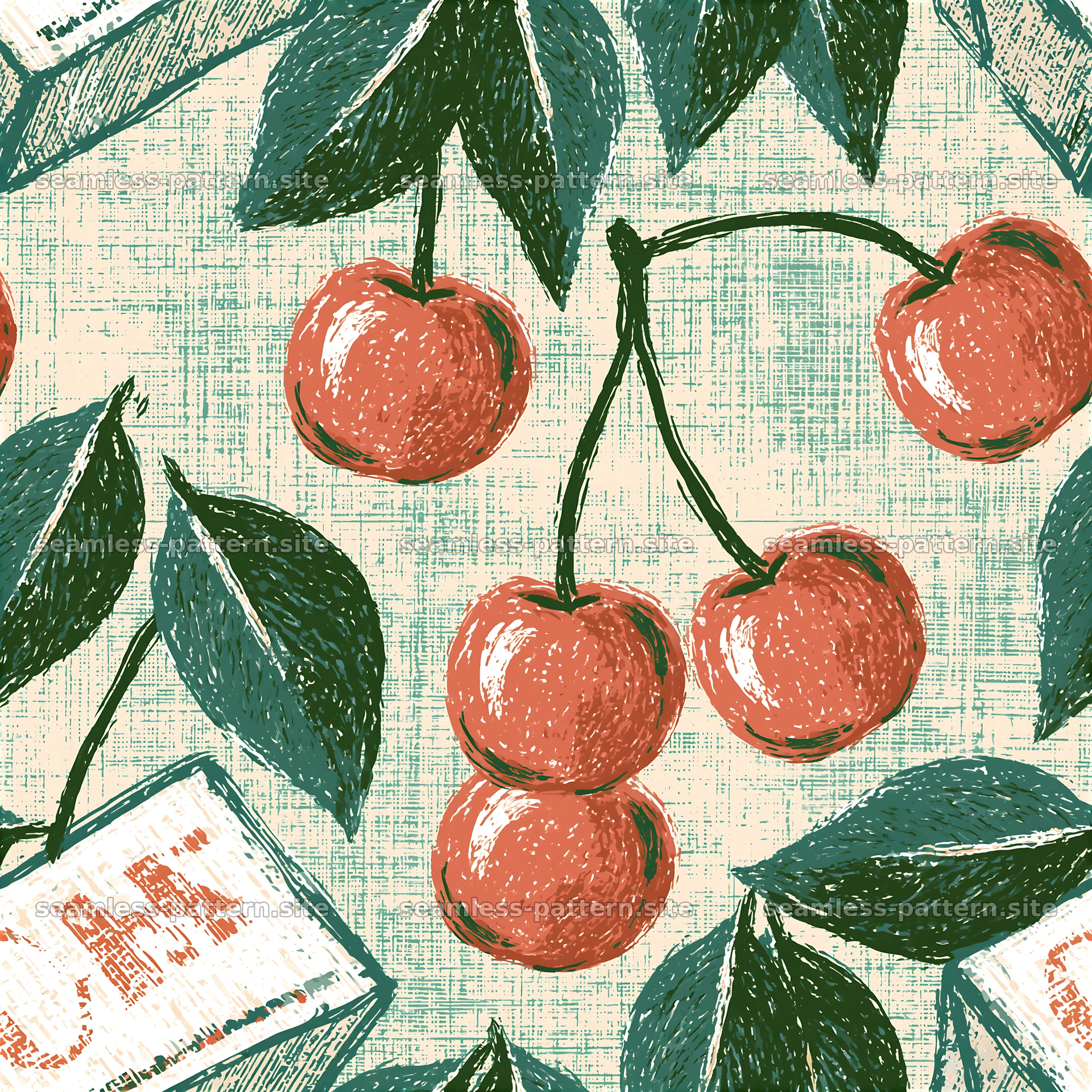 Retro cherries and leaves seamless pattern — seamless tileable pattern at 8192x8192