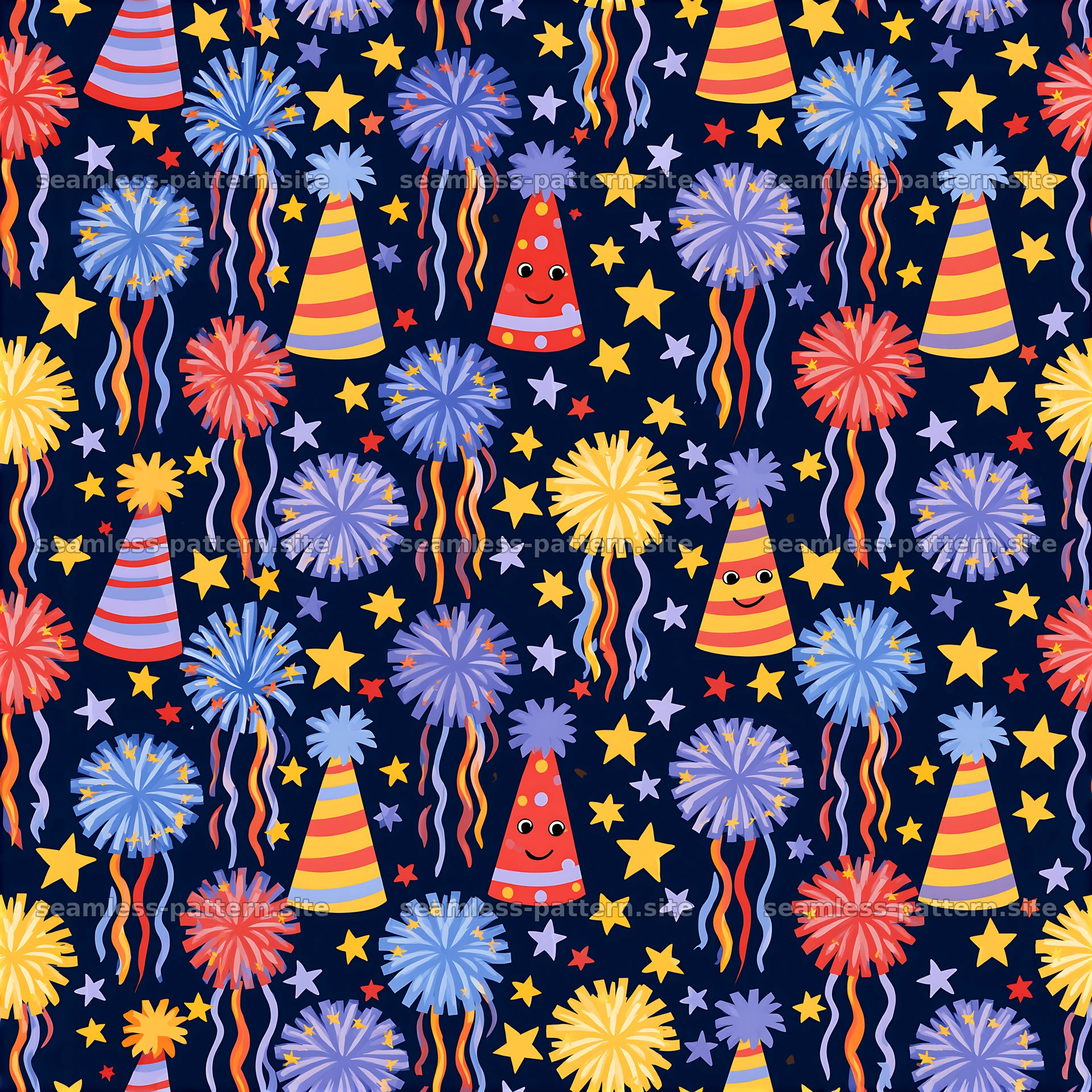 Birthday Party Hats and Fireworks Seamless Pattern — seamless tileable pattern at 8192x8192