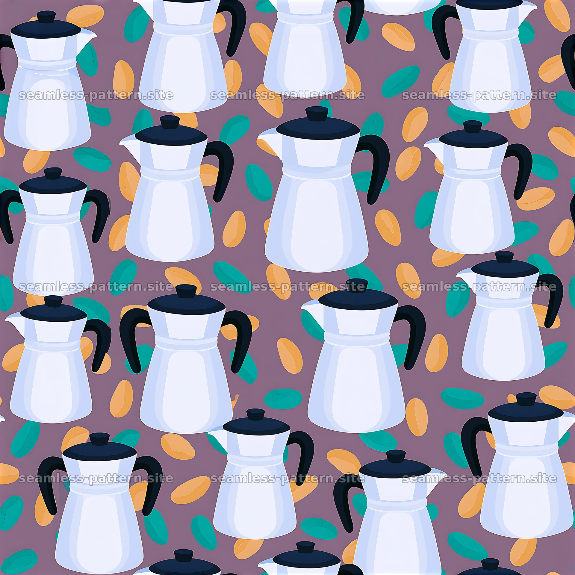 Seamless coffee carafe pattern with colorful coffee beans — seamless tileable pattern at 8192x8192