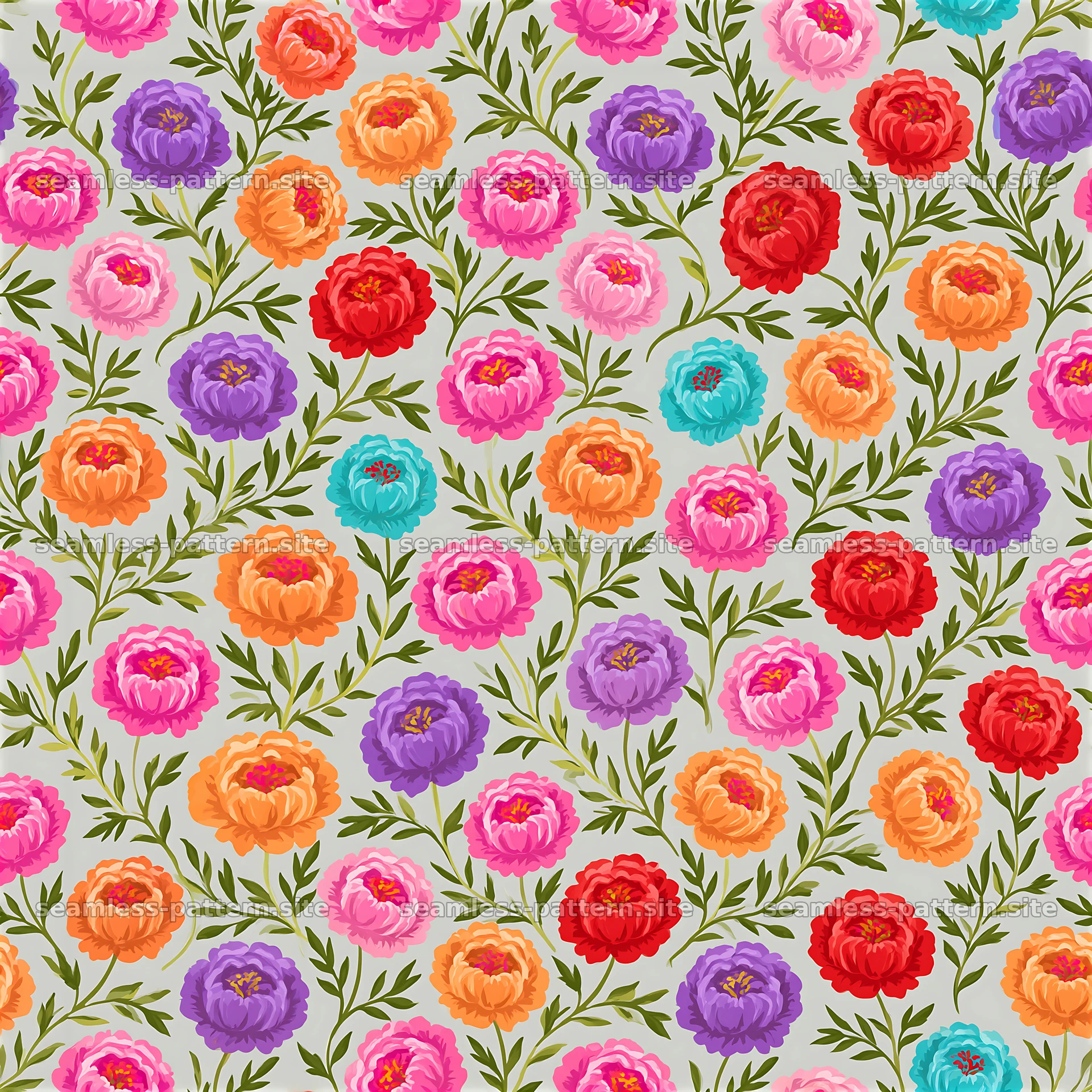 Multicolor peony seamless pattern for textile and wallpaper design — seamless tileable pattern at 8192x8192