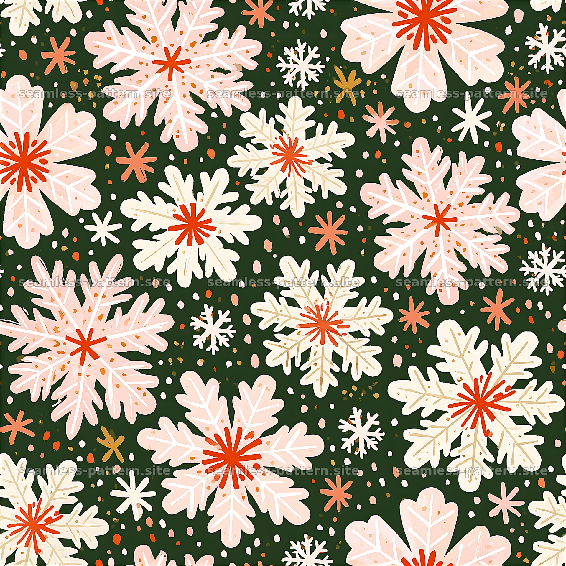 Festive snowflake pattern with floral designs on dark background — seamless tileable pattern at 8192x8192