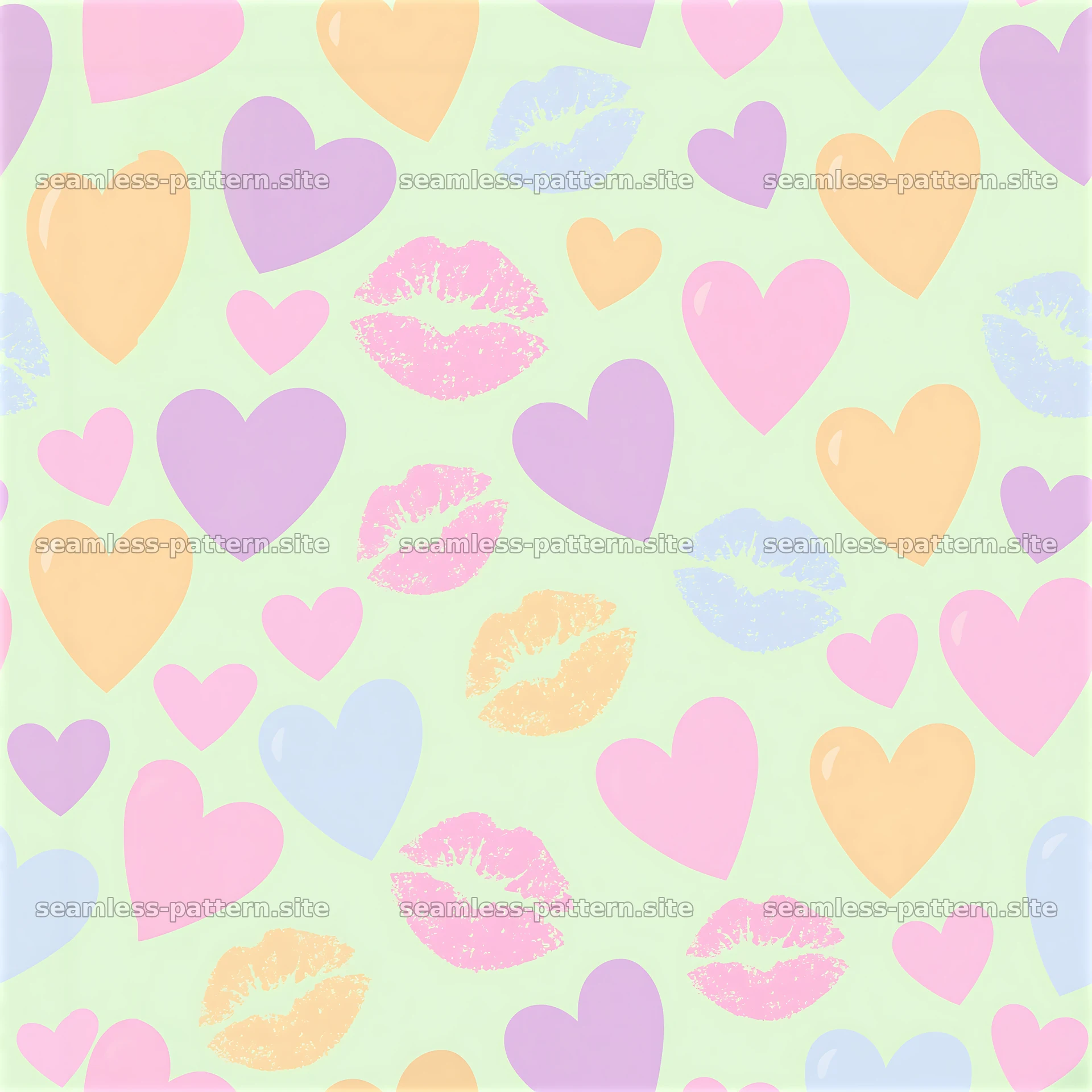 Seamless pattern with lipstick stamps and pastel hearts — seamless tileable pattern at 8192x8192