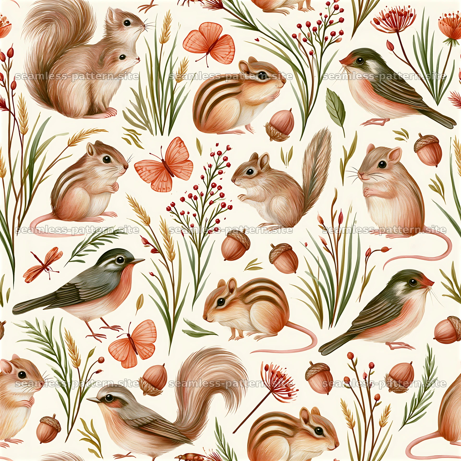 Cute Watercolor Woodland Animals Seamless Pattern — seamless tileable pattern at 8192x8192