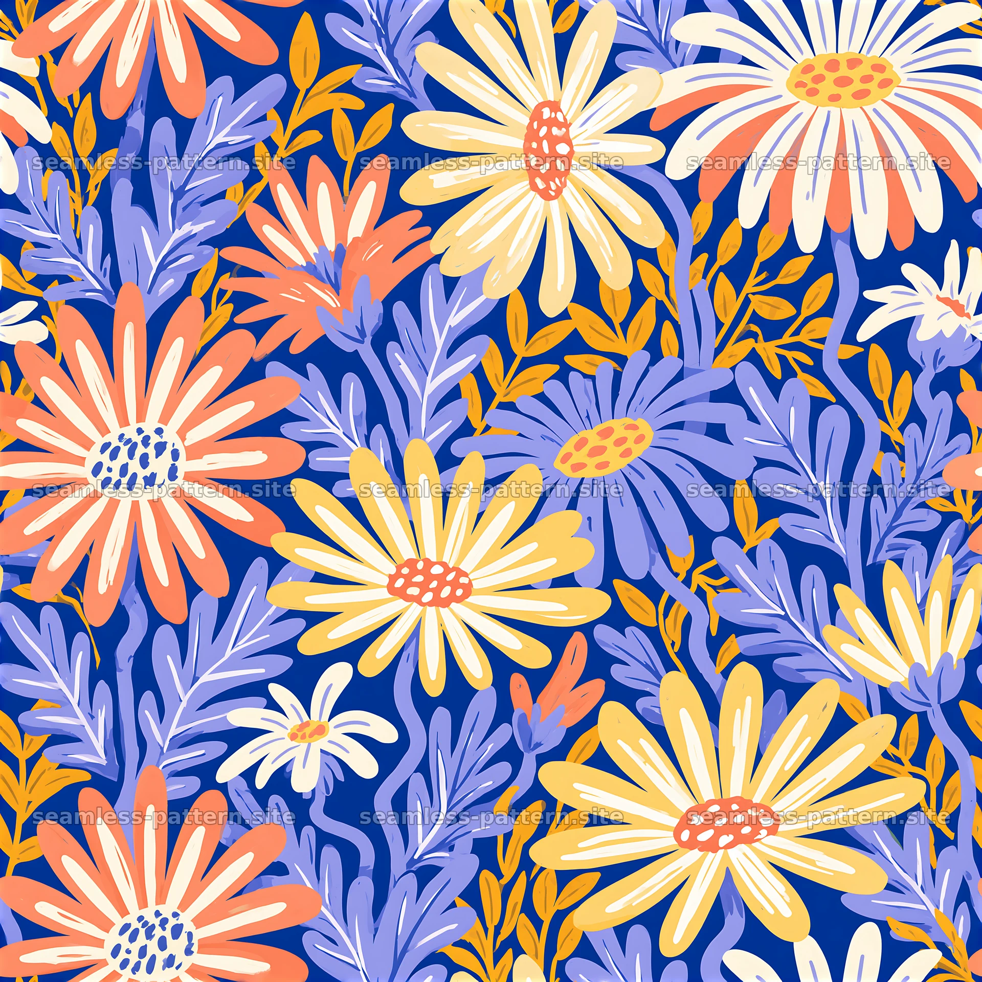 Colorful floral seamless pattern with daisies and leaves — seamless tileable pattern at 8192x8192