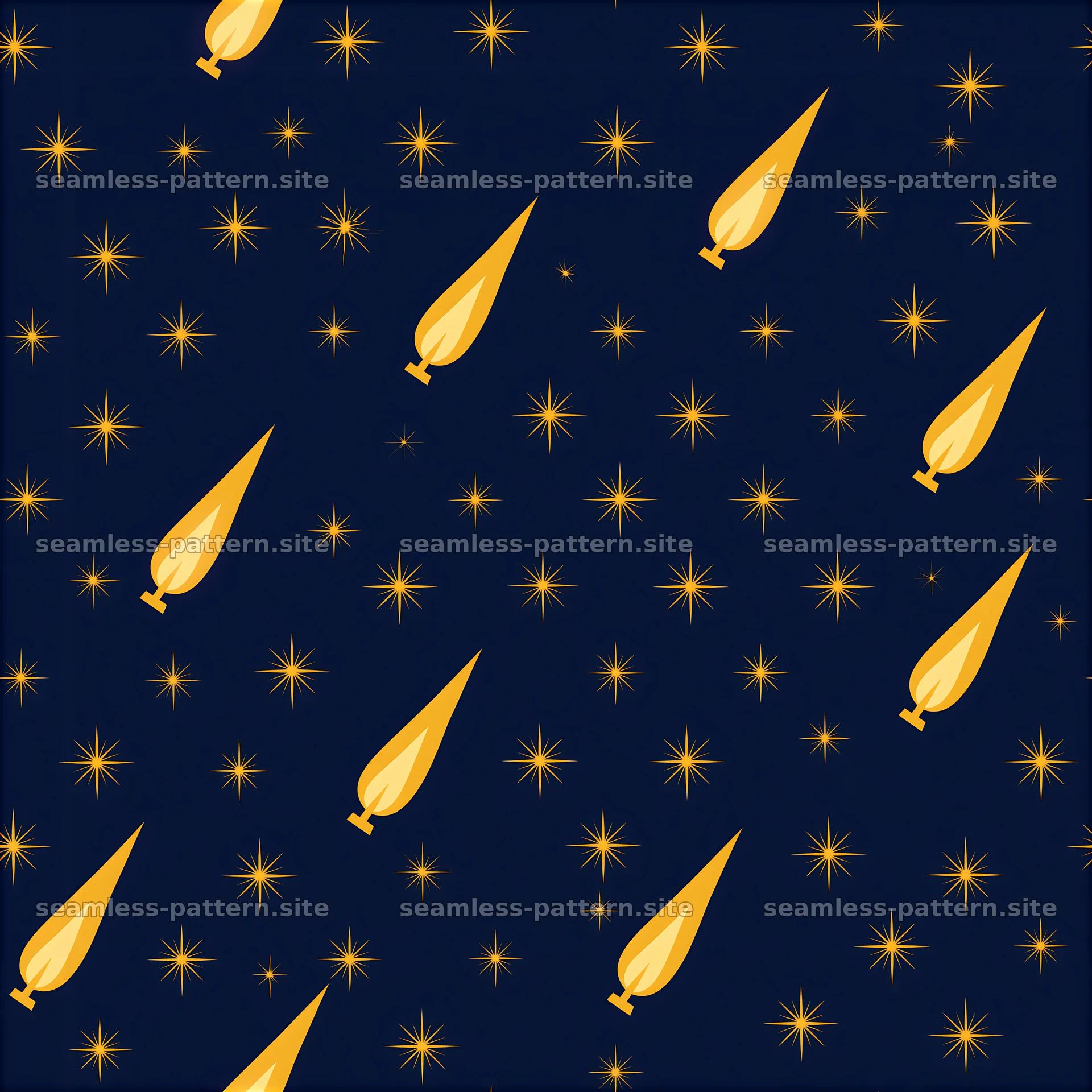 Golden candle flames and starbursts on navy seamless pattern — seamless tileable pattern at 8192x8192