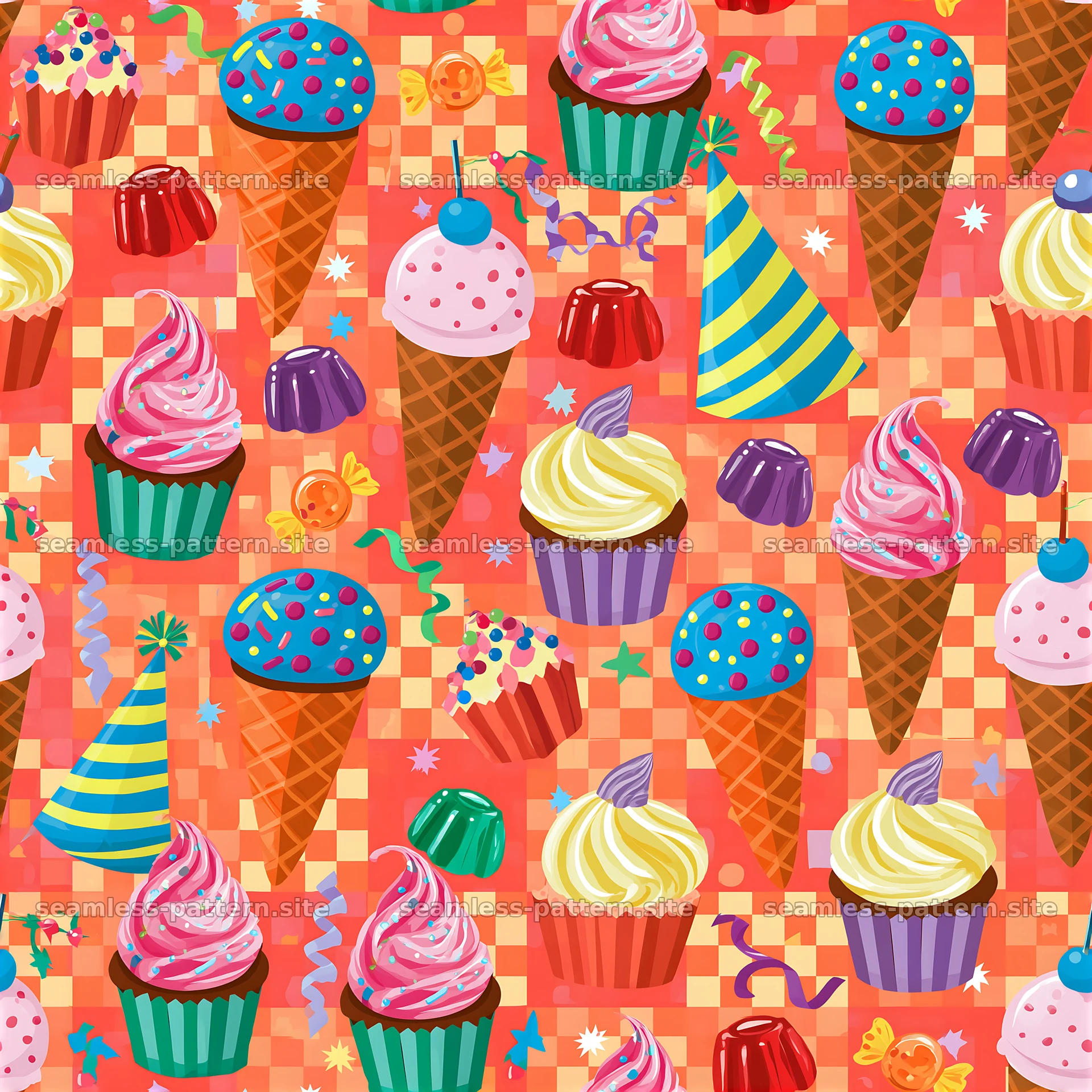 Colorful ice cream and cupcake seamless pattern for celebrations — seamless tileable pattern at 8192x8192