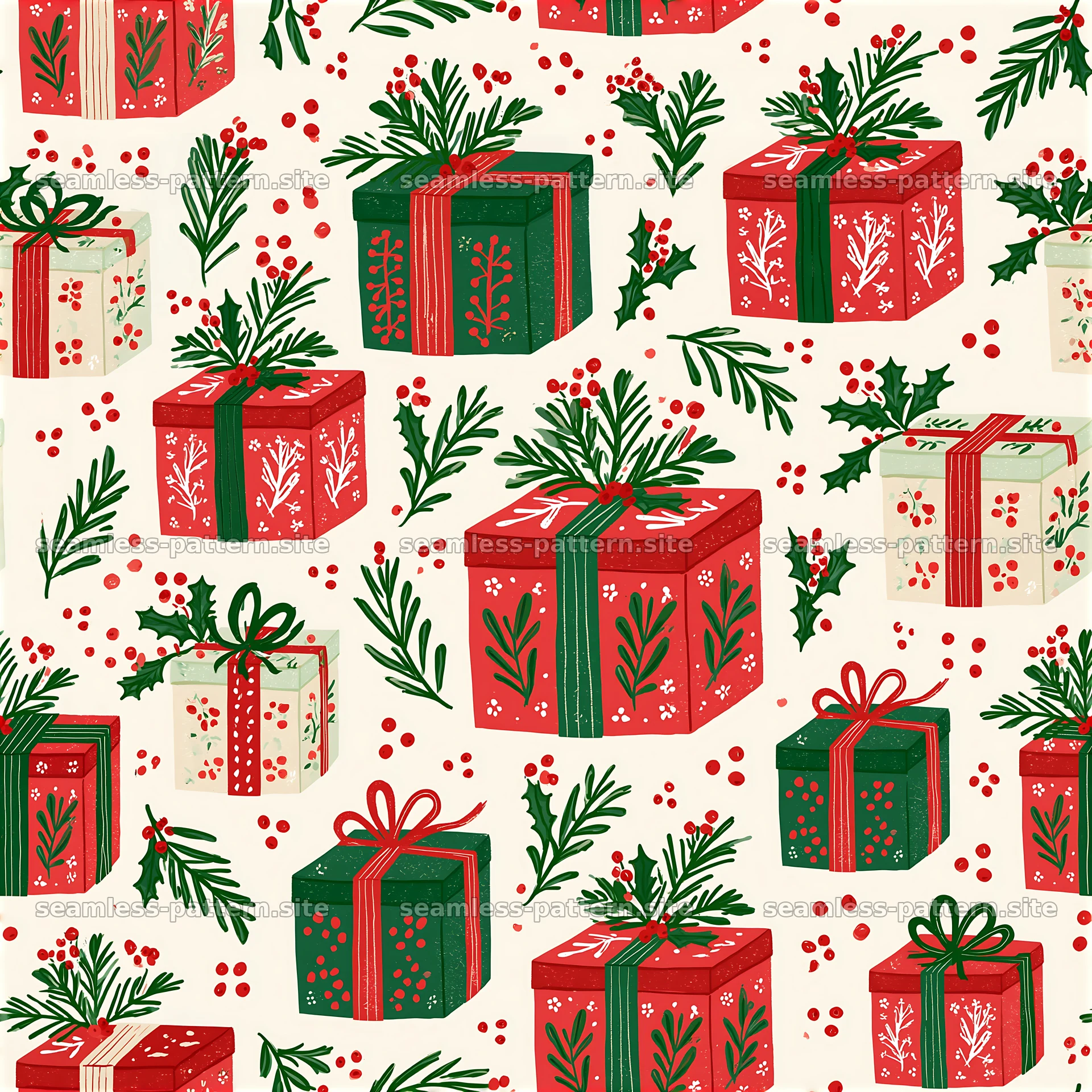 Bright pattern with colorful gift boxes and holiday elements — seamless tileable pattern at 8192x8192