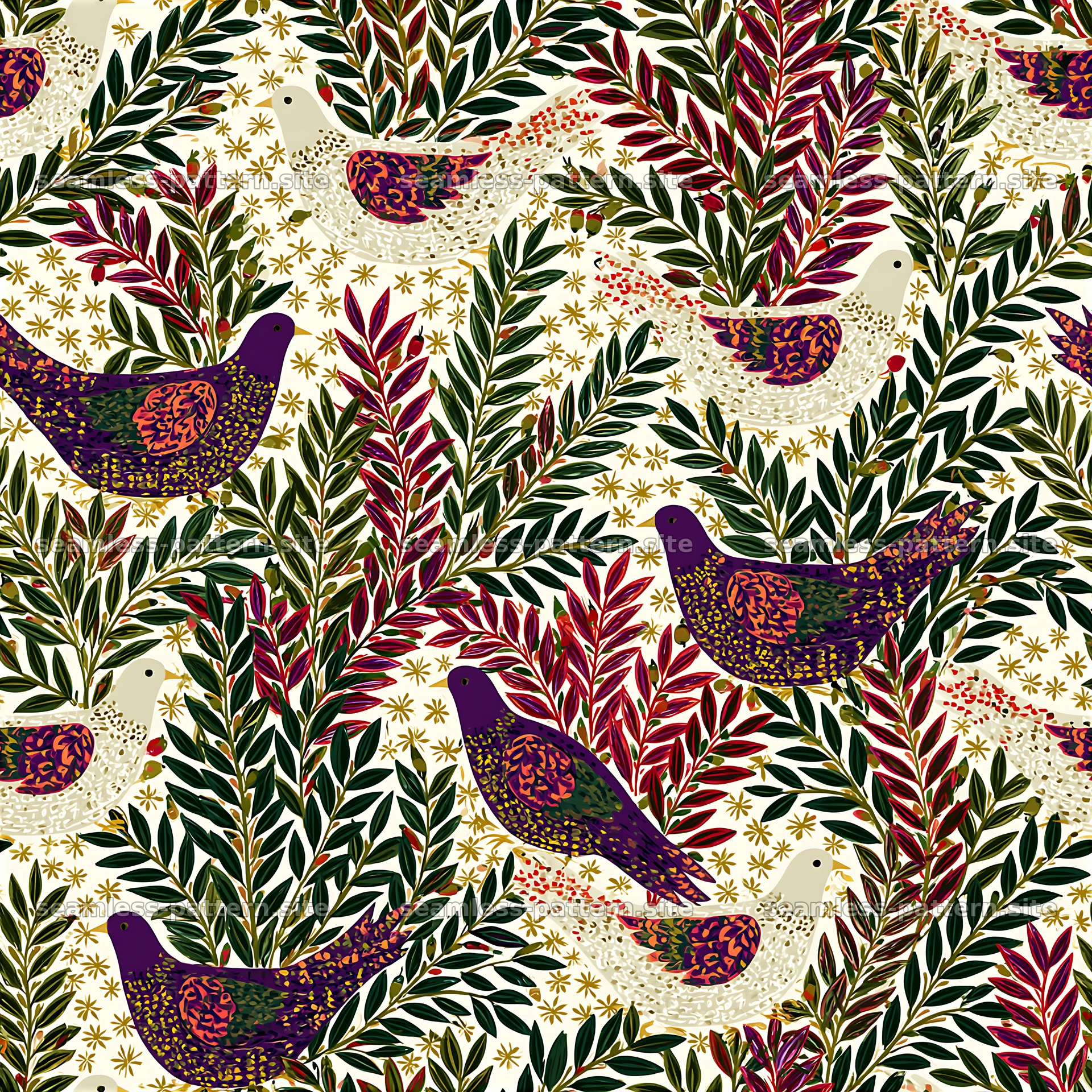Olive Branches and Colorful Doves Seamless Pattern — seamless tileable pattern at 8192x8192